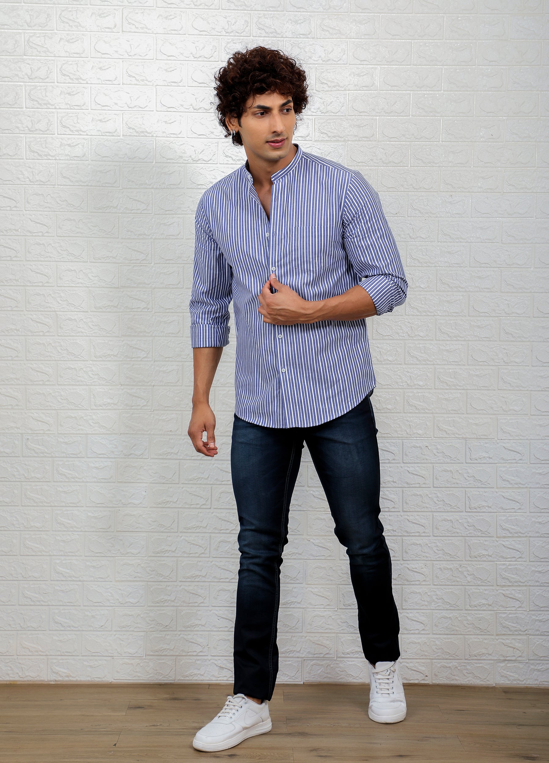 Band Collar Two Colour Casual Stripe Shirt - Yale Blue