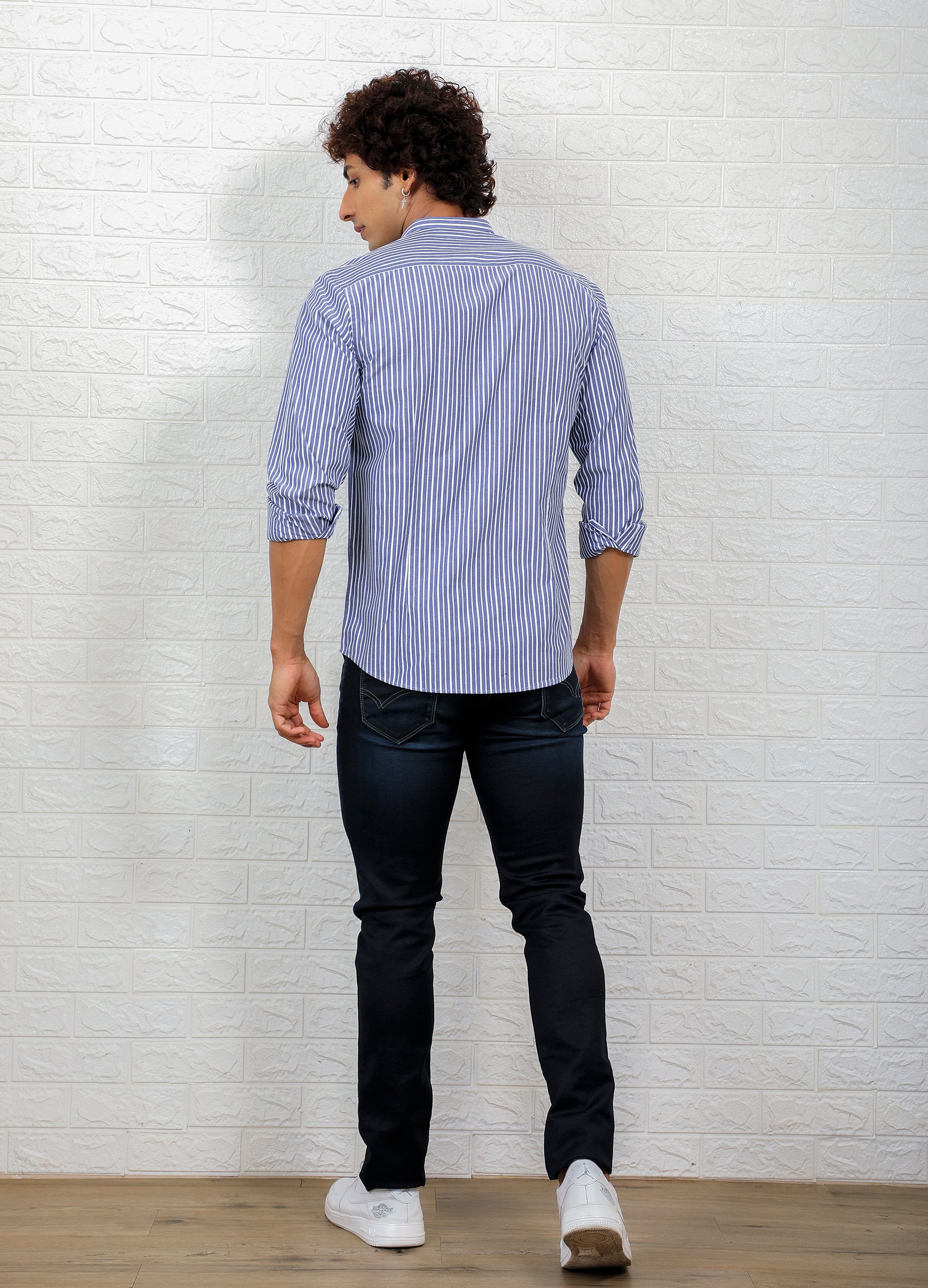 Band Collar Two Colour Casual Stripe Shirt - Yale Blue
