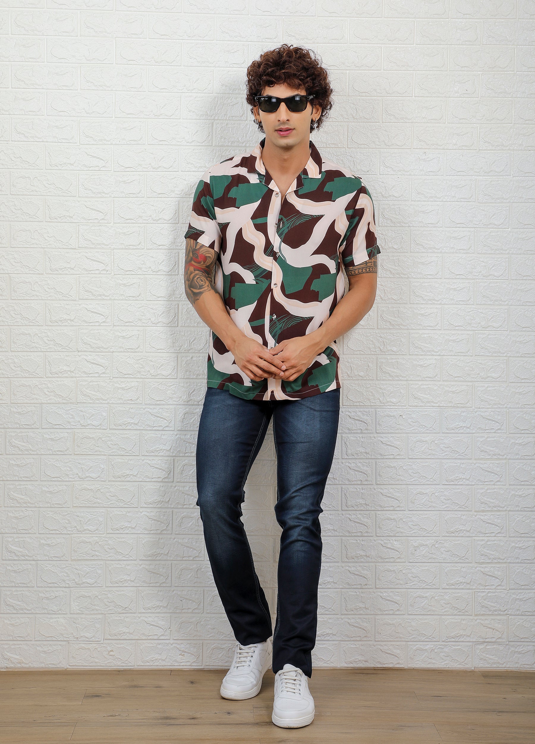 Safari Print - Camp Collar Gentle Rayon Bold print Shirt - Beige