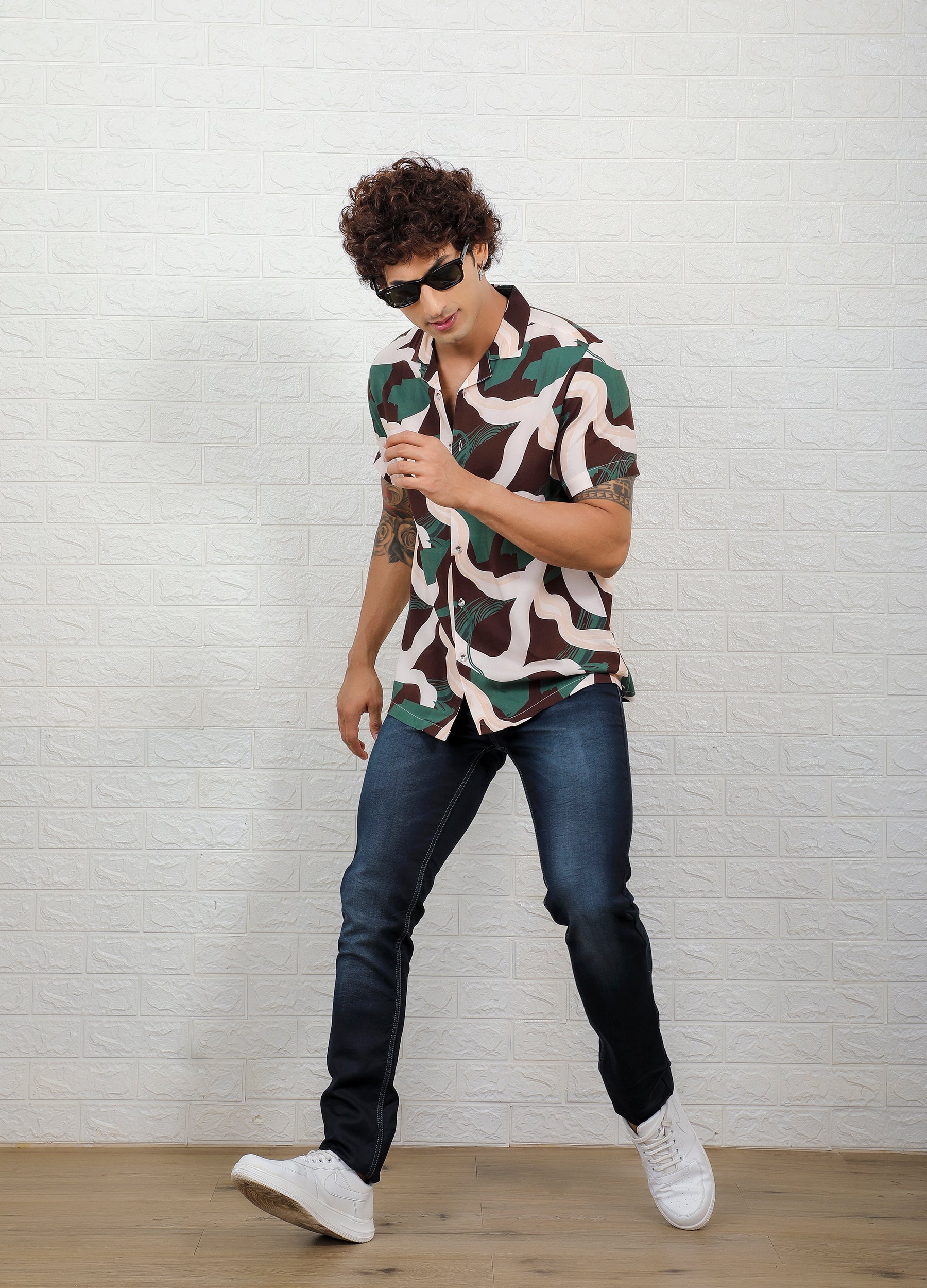 Safari Print - Camp Collar Gentle Rayon Bold print Shirt - Beige