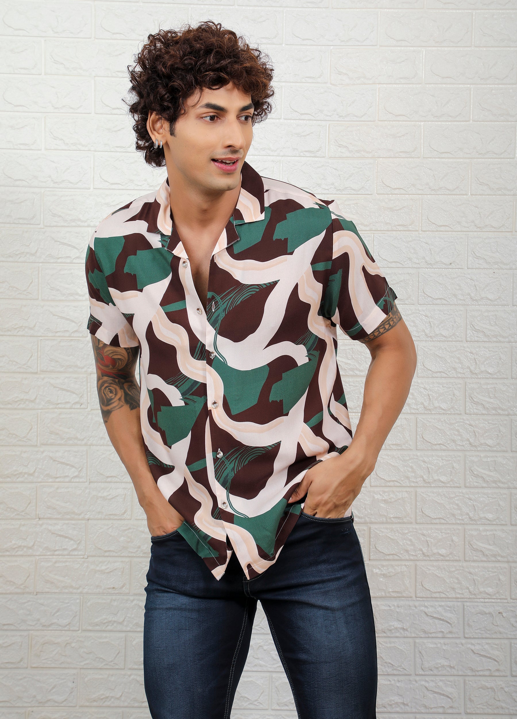 Safari Print - Camp Collar Gentle Rayon Bold print Shirt - Beige