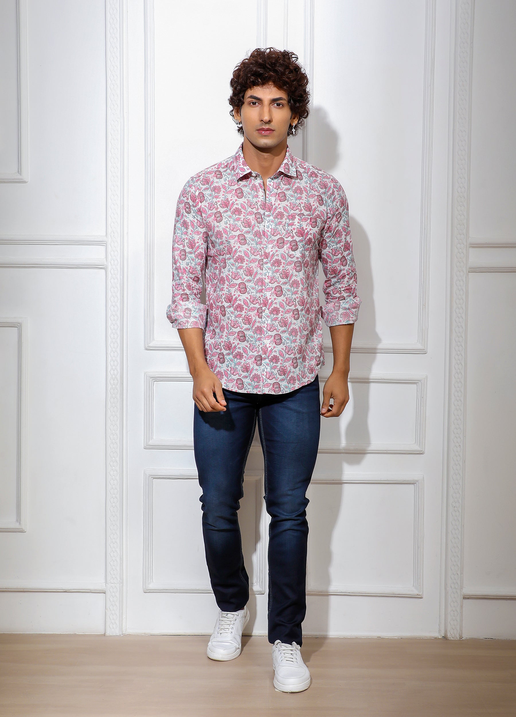 Gulab: Flat Collar Floral Print Shirt - Pink