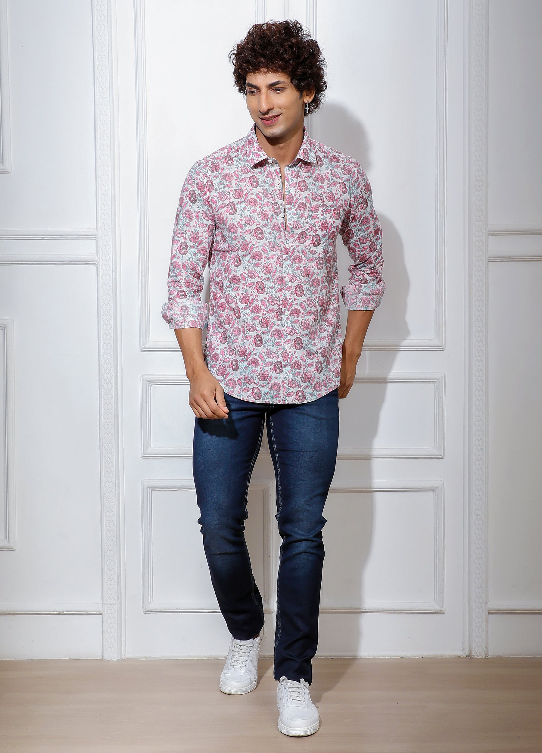 Gulab: Flat Collar Floral Print Shirt - Pink