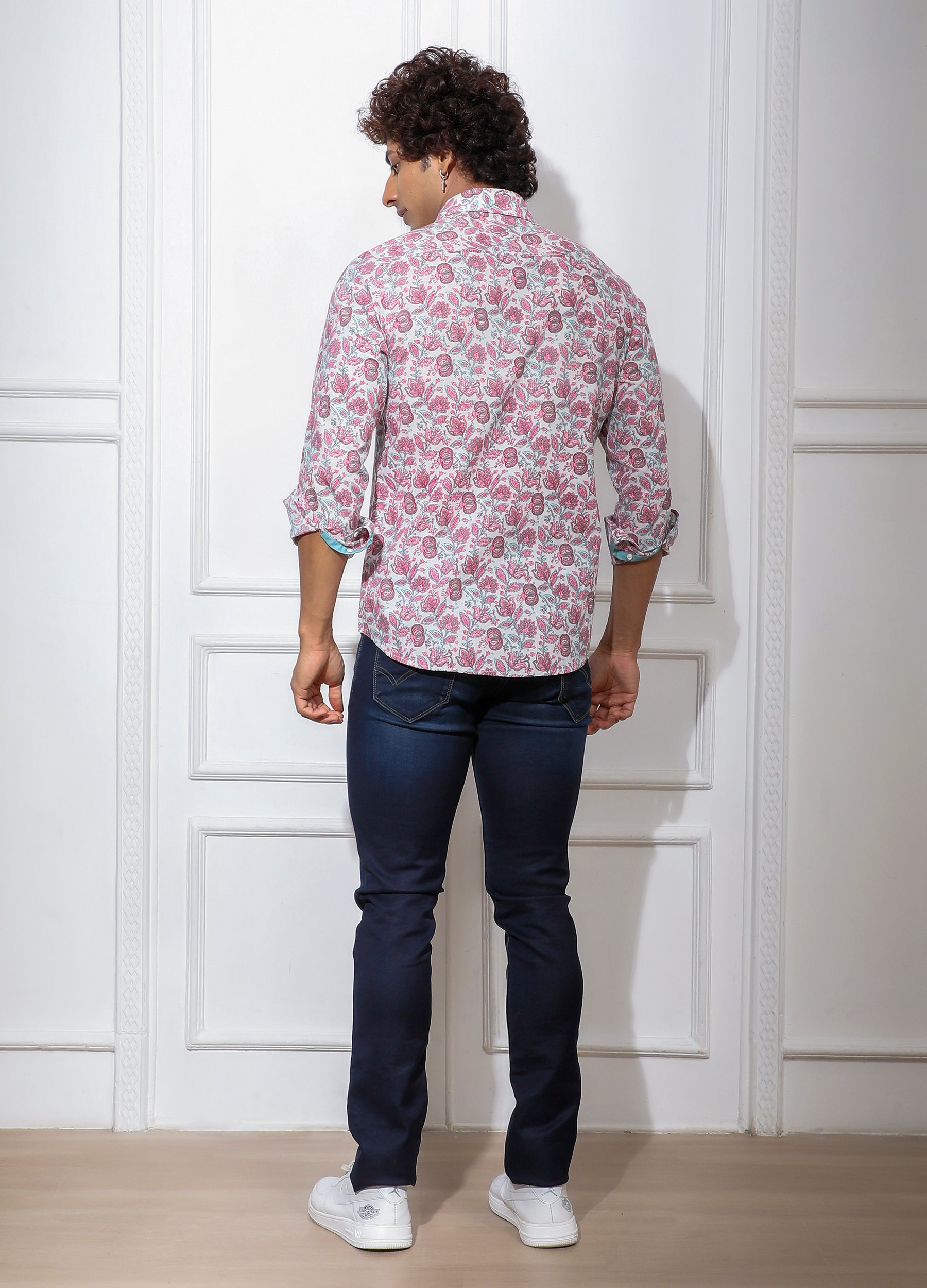 Gulab: Flat Collar Floral Print Shirt - Pink