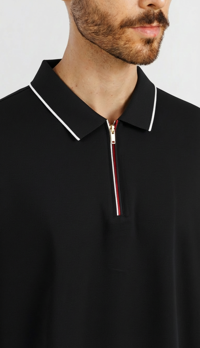 Modal-Stretch Zip Polo - Black