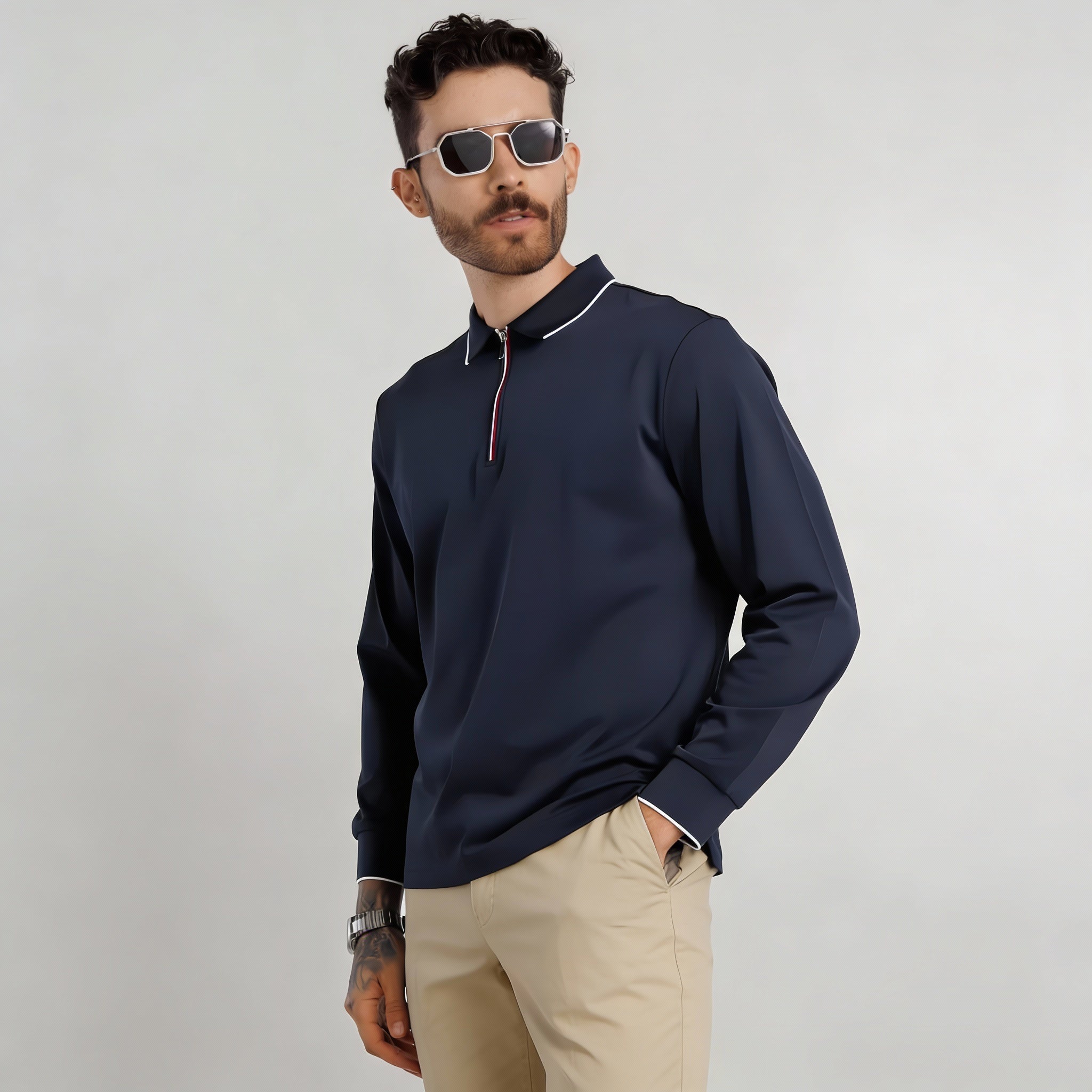 Modal-Stretch Zip Polo - Navy
