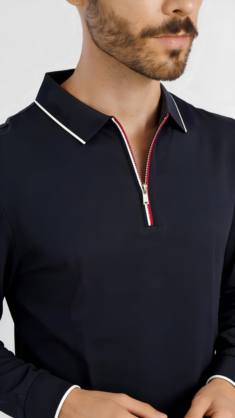 Modal-Stretch Zip Polo - Navy