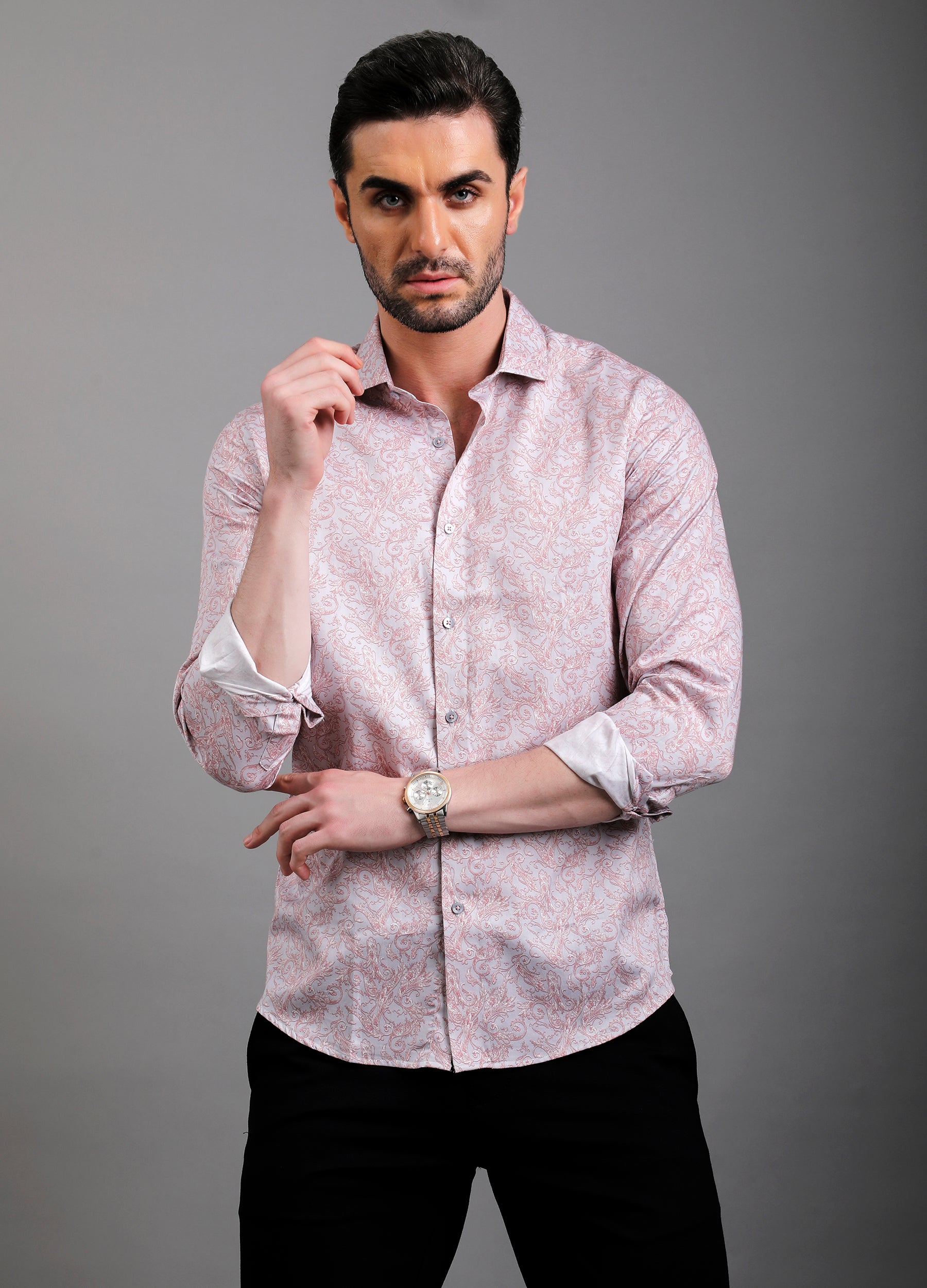 Hunt: Satin Print Shirt - Dolphin Grey