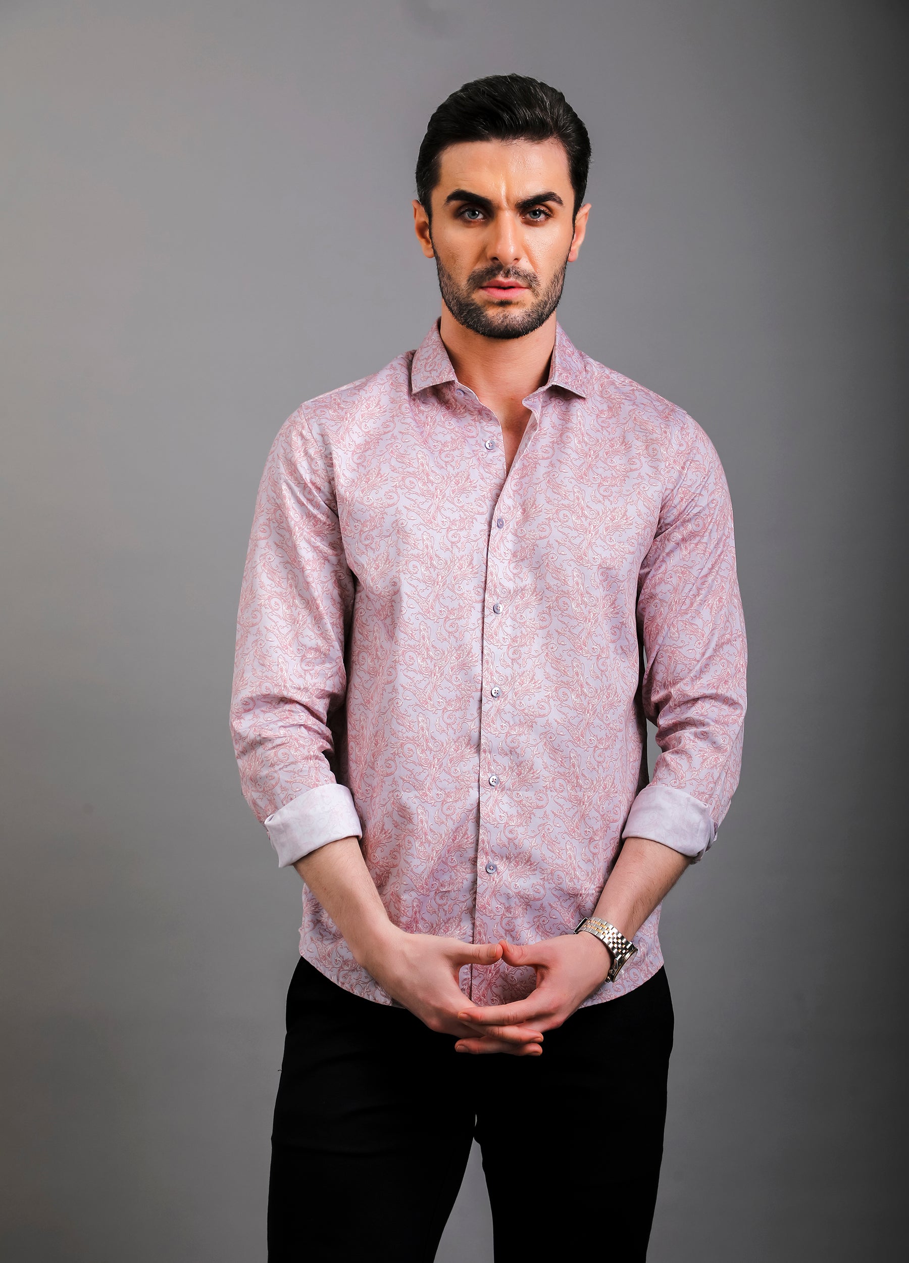 Hunt: Satin Print Shirt - Dolphin Grey