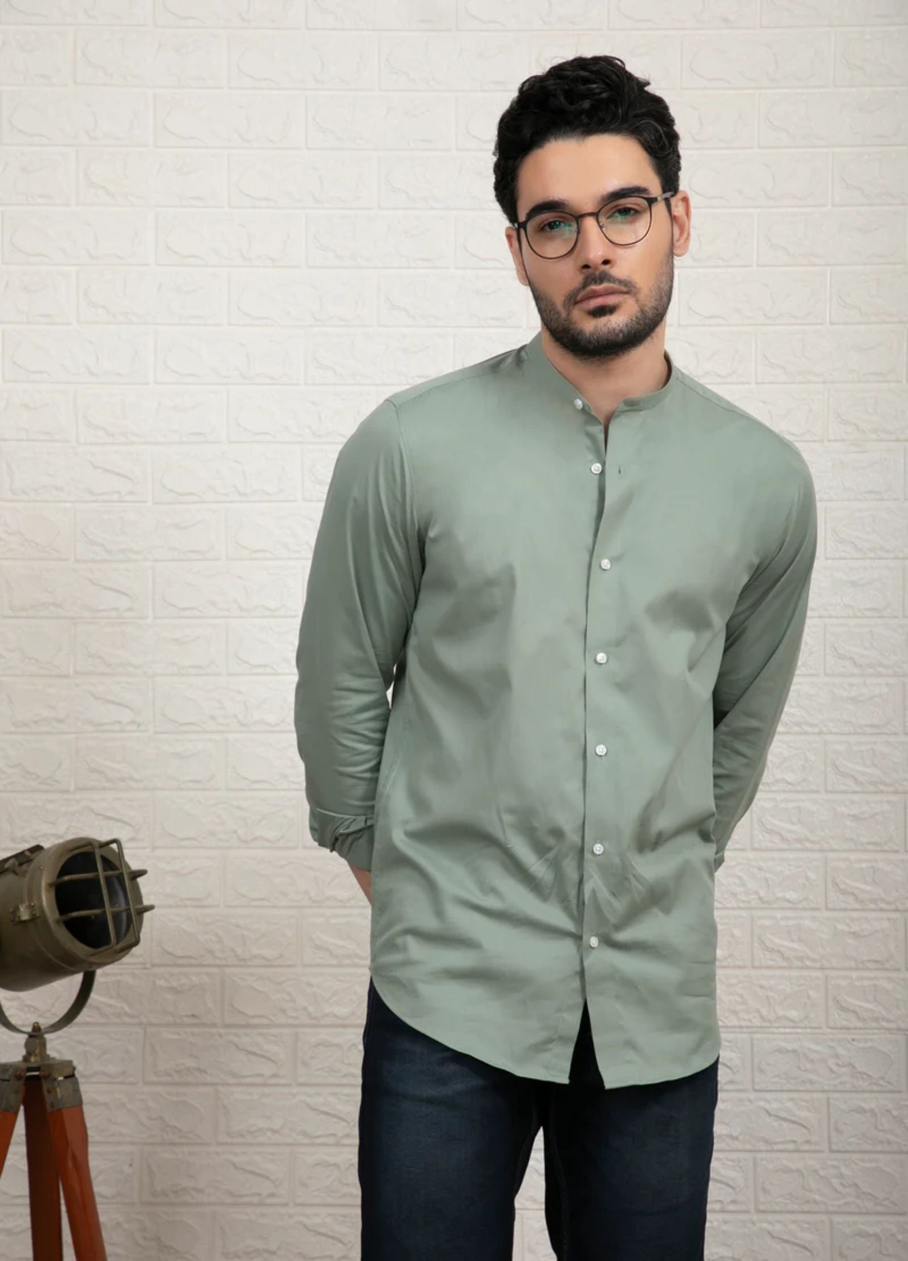 Band Collar Fine Twill Stretch Shirt - Mint Green