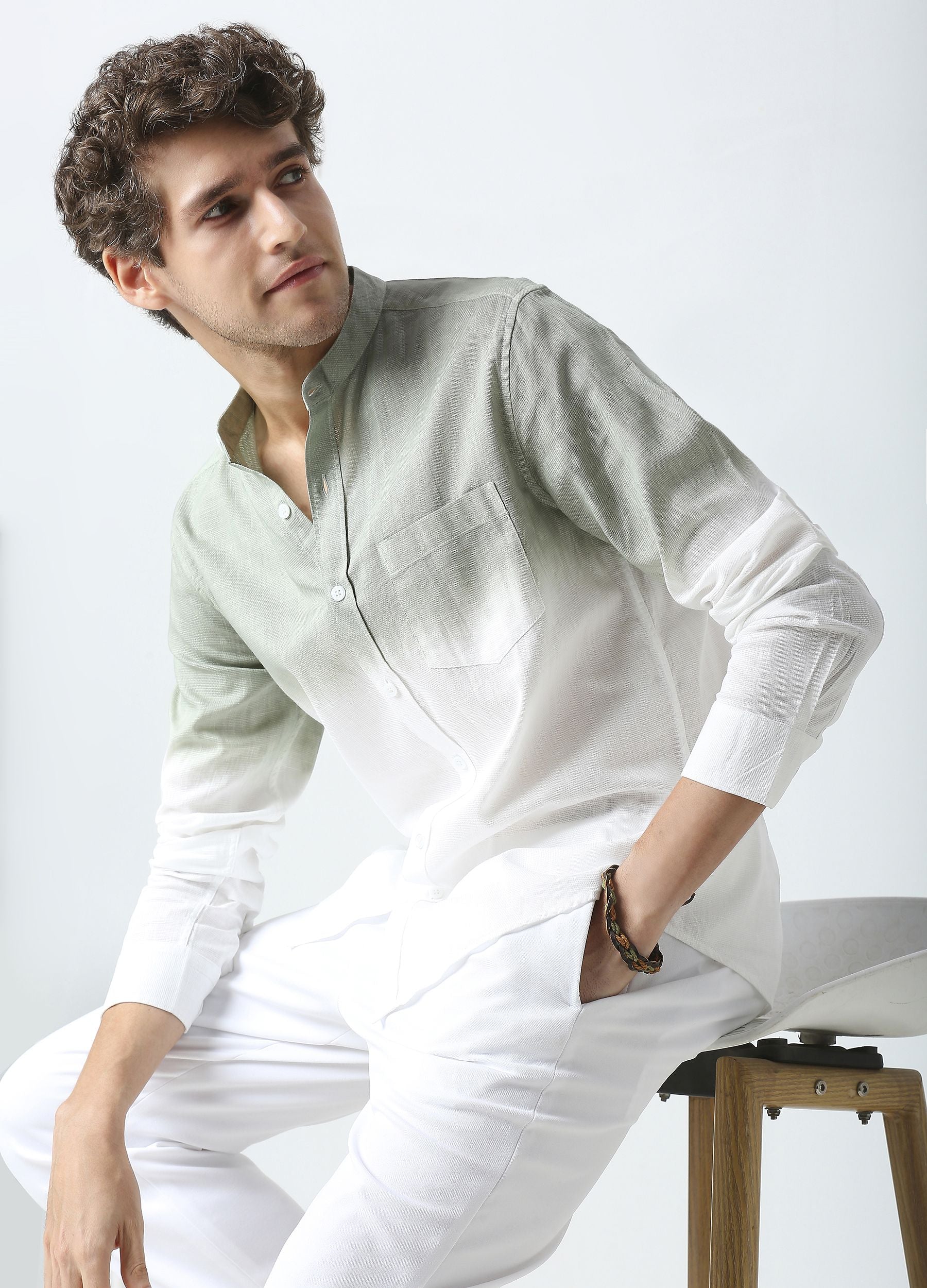 Tie Dye Chinese Collar Shirt-Olive