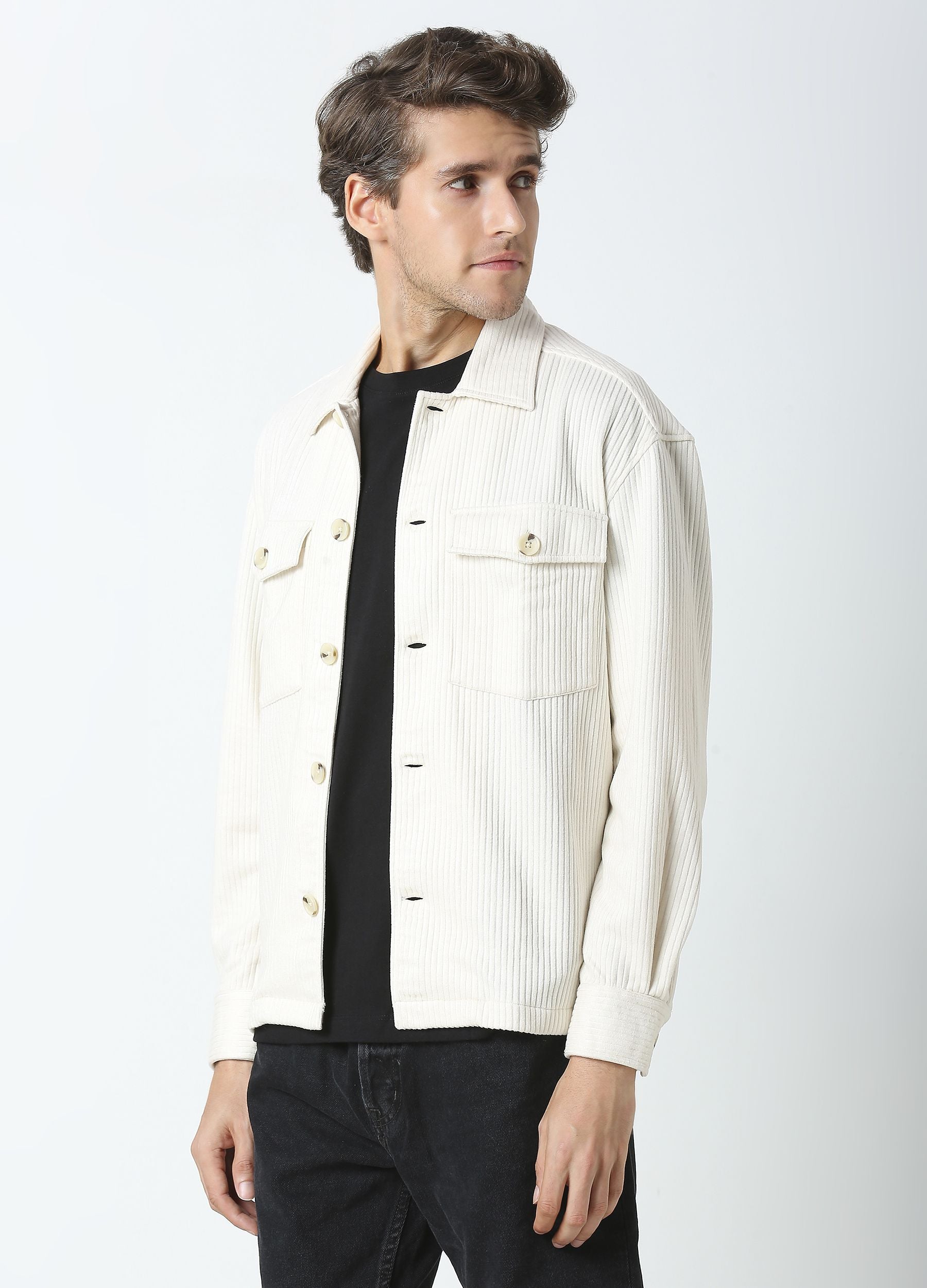 Plain off white stripe shacket
