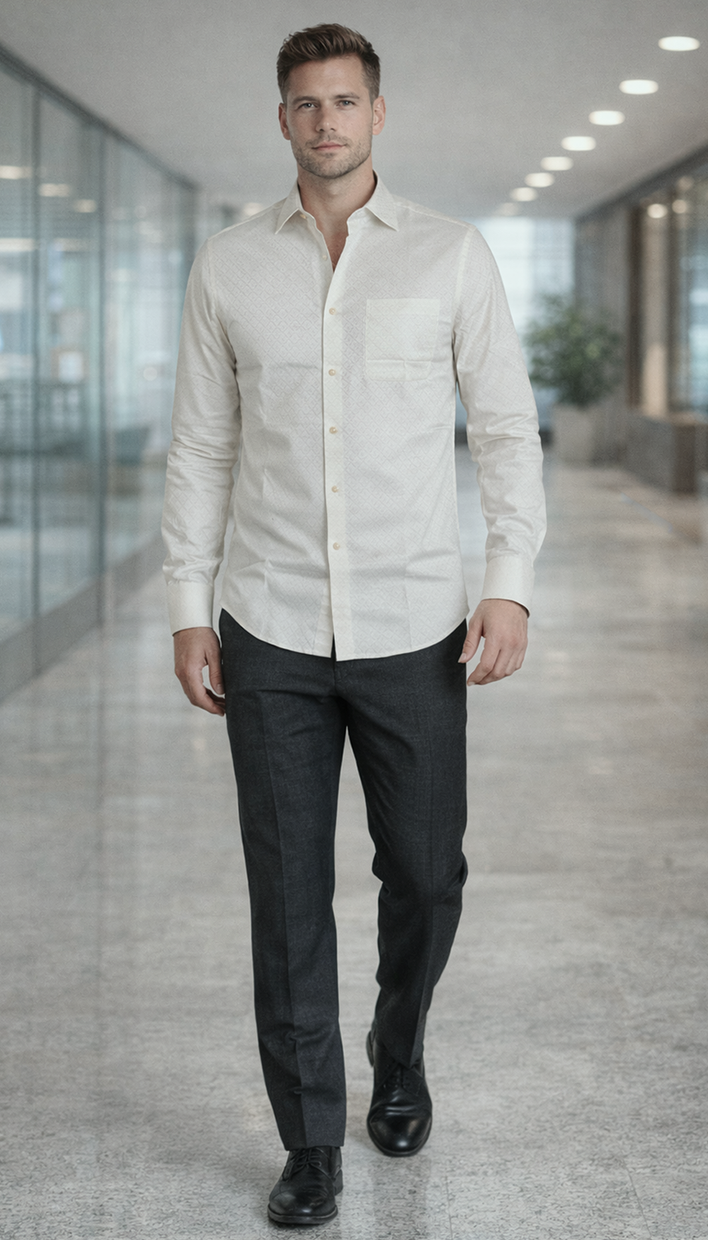 Geometric Dobby Giza Shirt – Beige