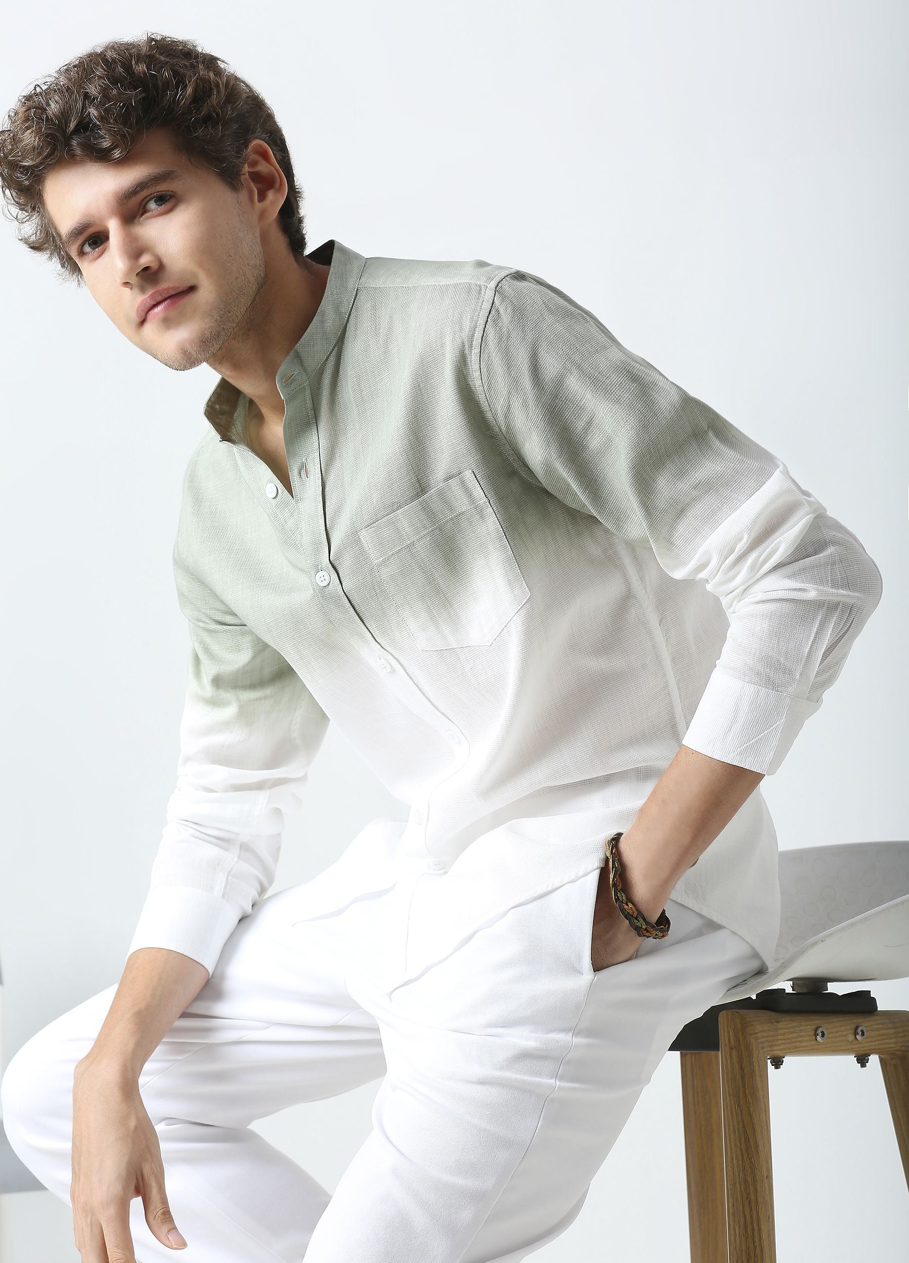 Tie Dye Chinese Collar Shirt-Olive