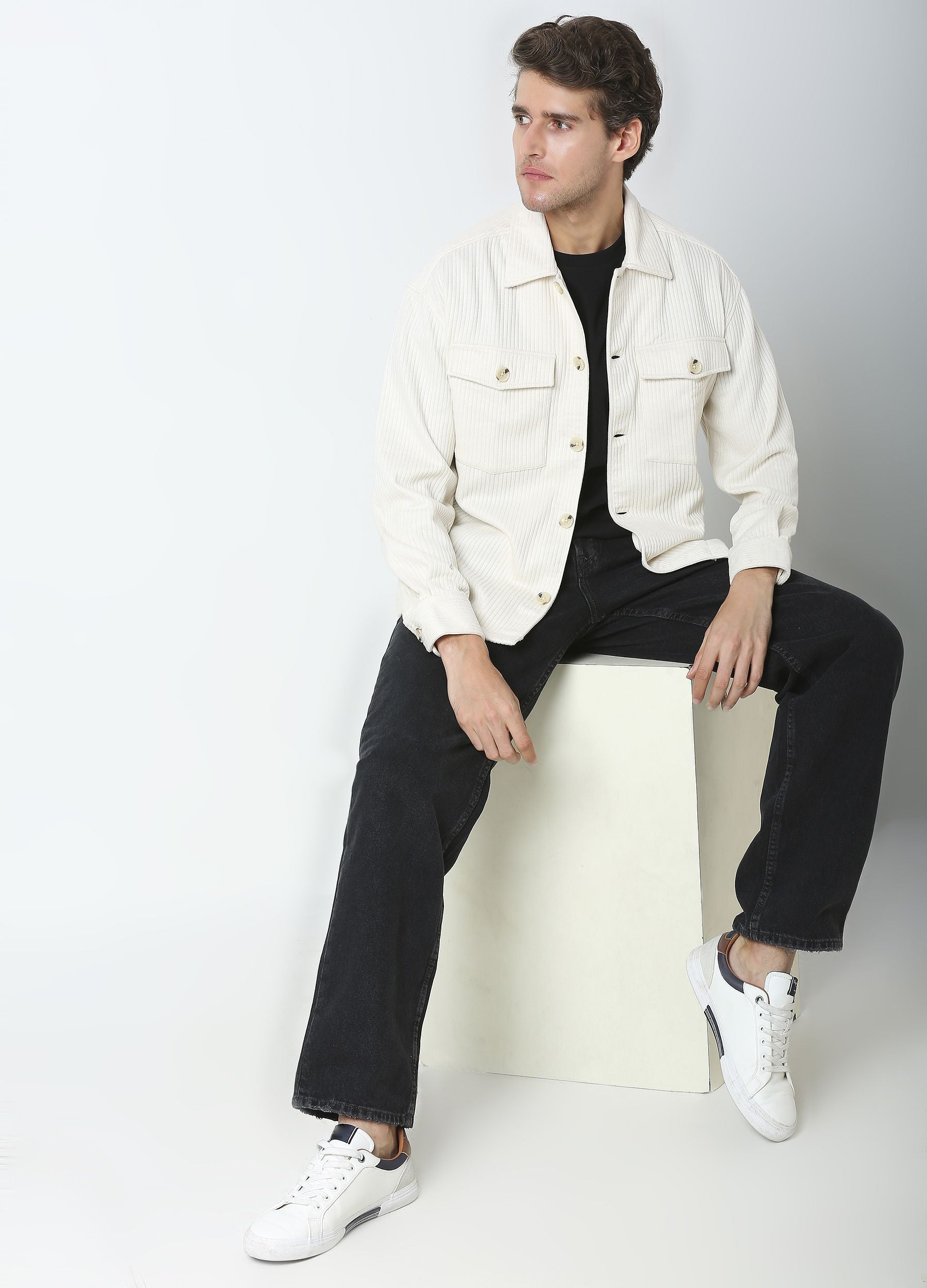 Plain off white stripe shacket