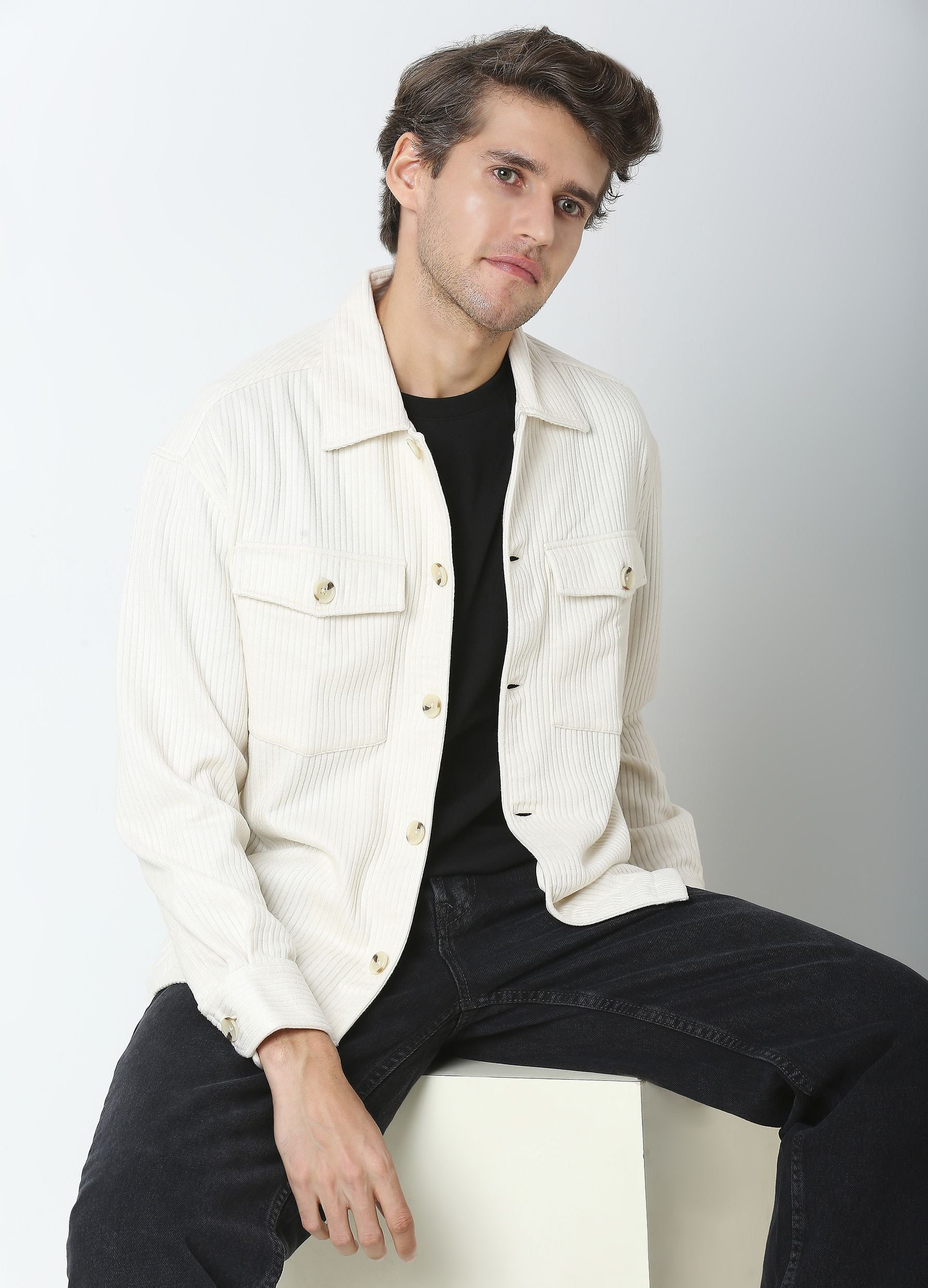 Plain off white stripe shacket