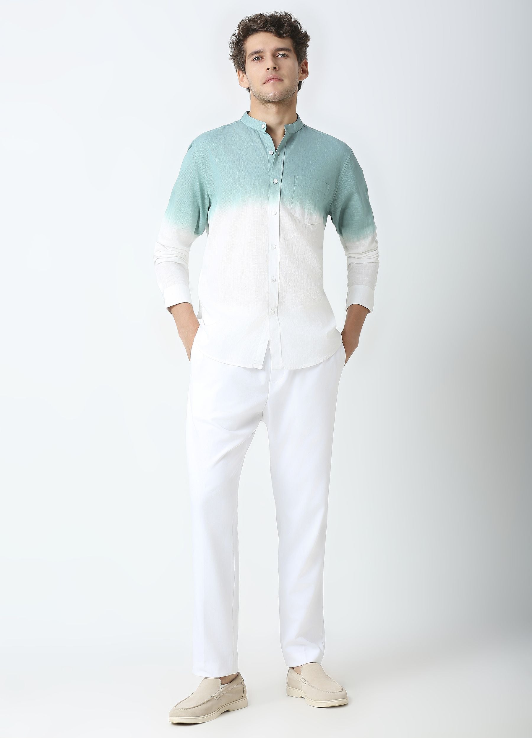 Tie Dye Chinese Collar Shirt - Teal