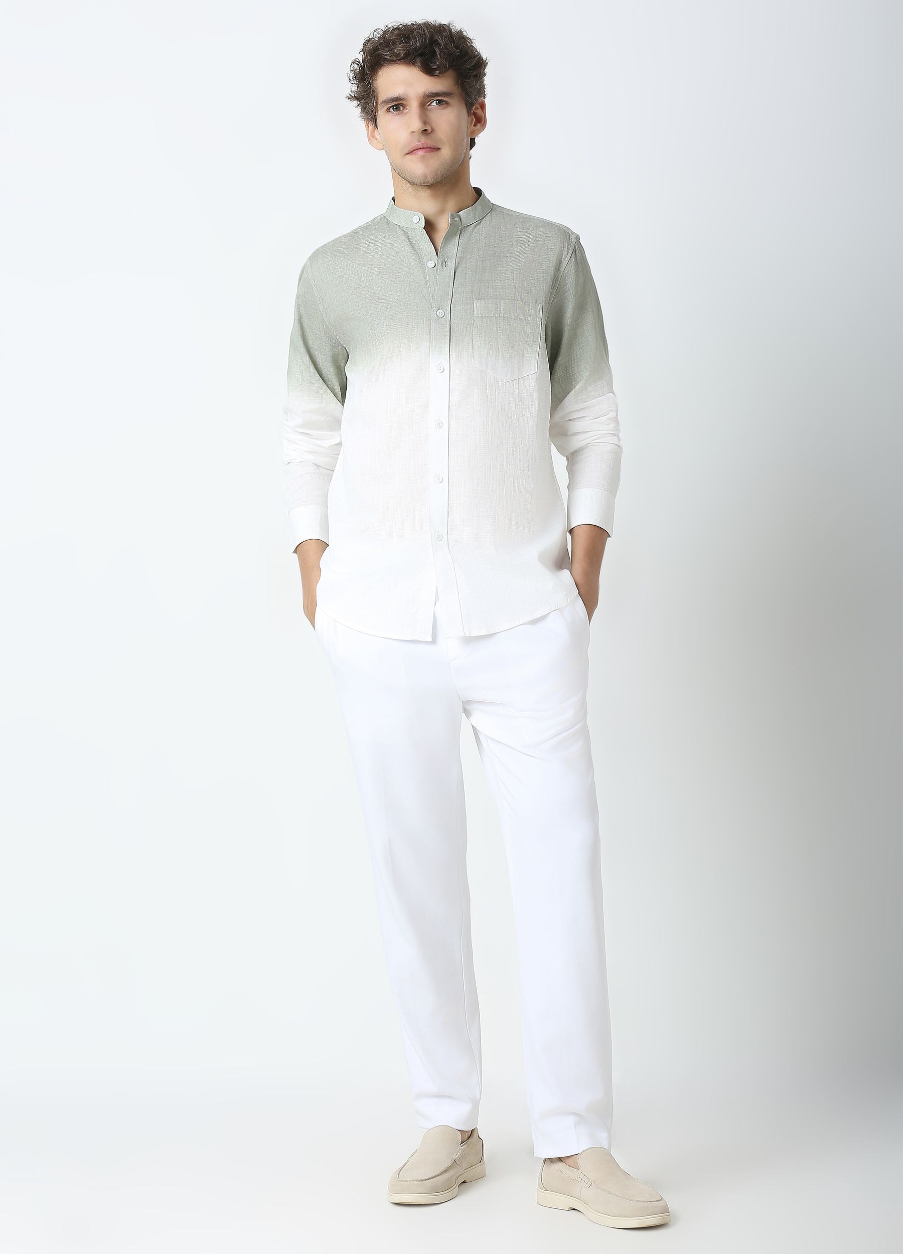 Tie Dye Chinese Collar Shirt-Olive