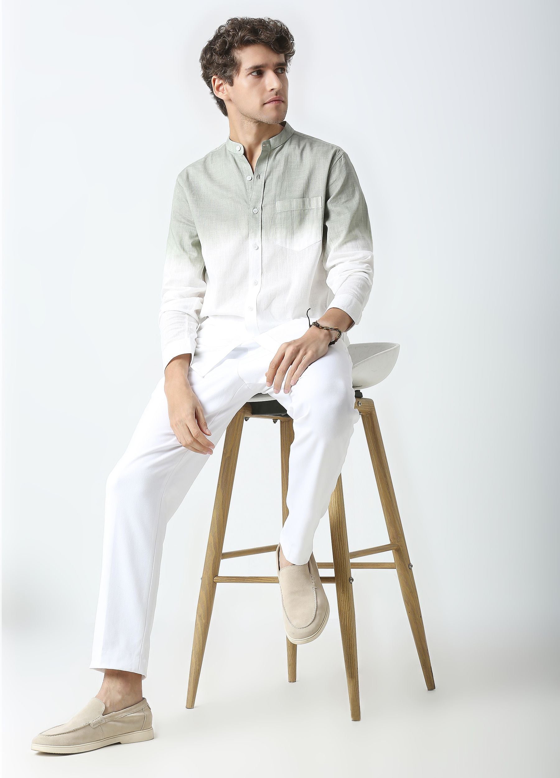 Tie Dye Chinese Collar Shirt-Olive