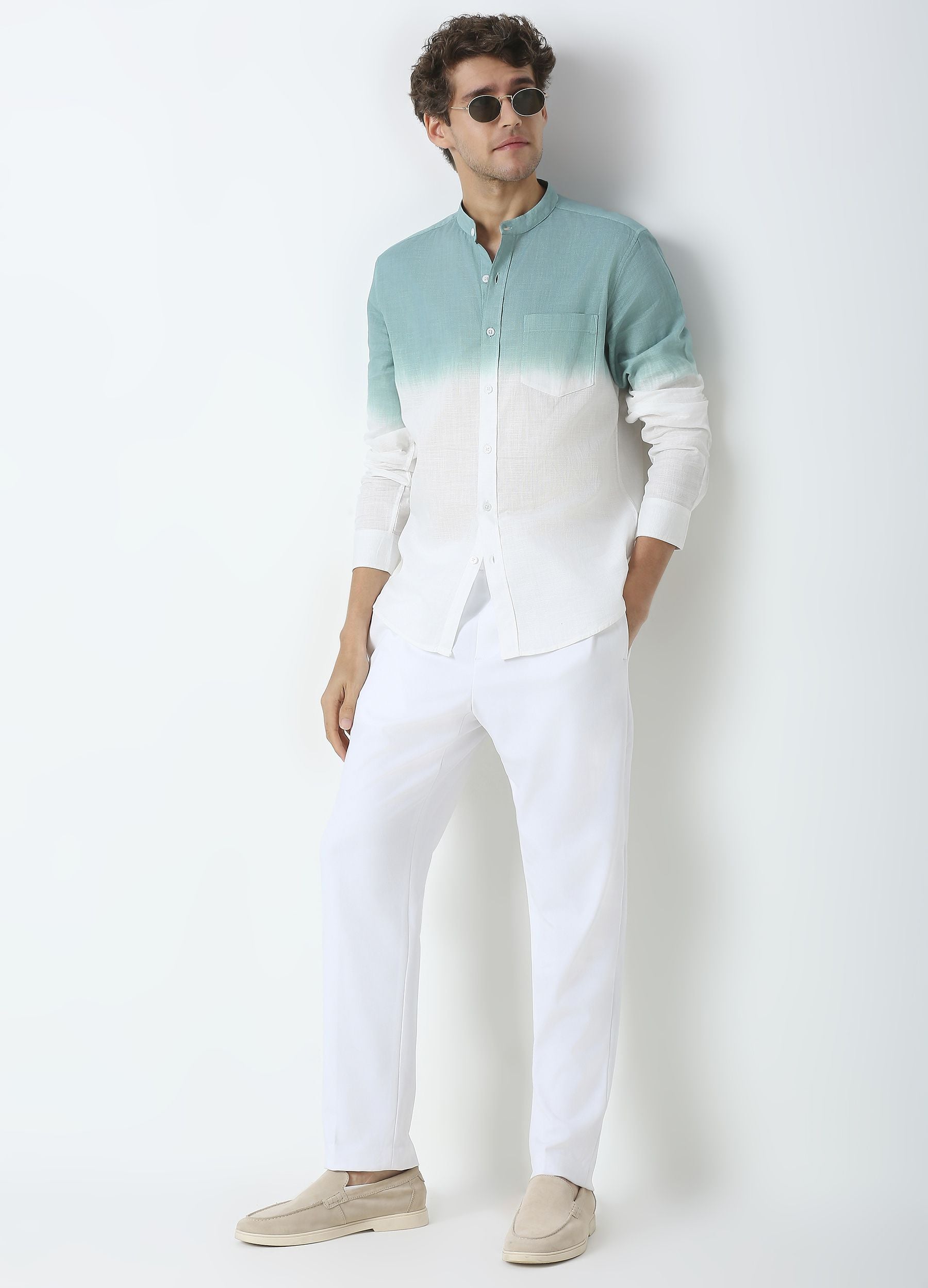 Tie Dye Chinese Collar Shirt - Teal