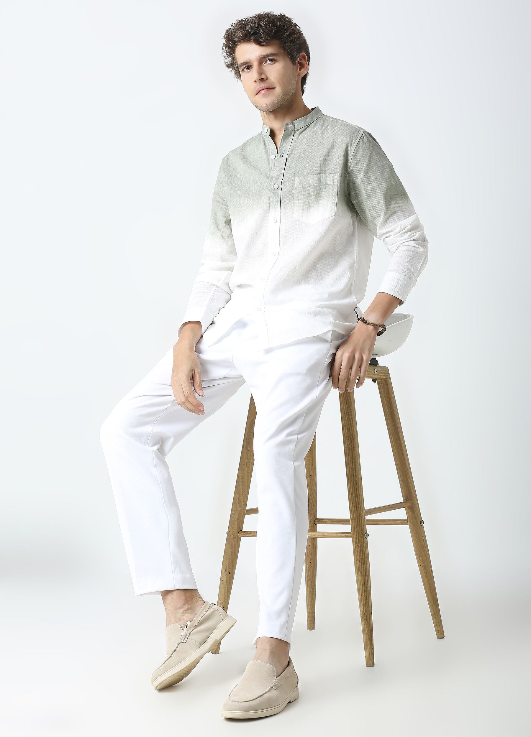 Tie Dye Chinese Collar Shirt-Olive