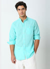 Band Collar Linen Blend Solid Shirt - Aqua Blue