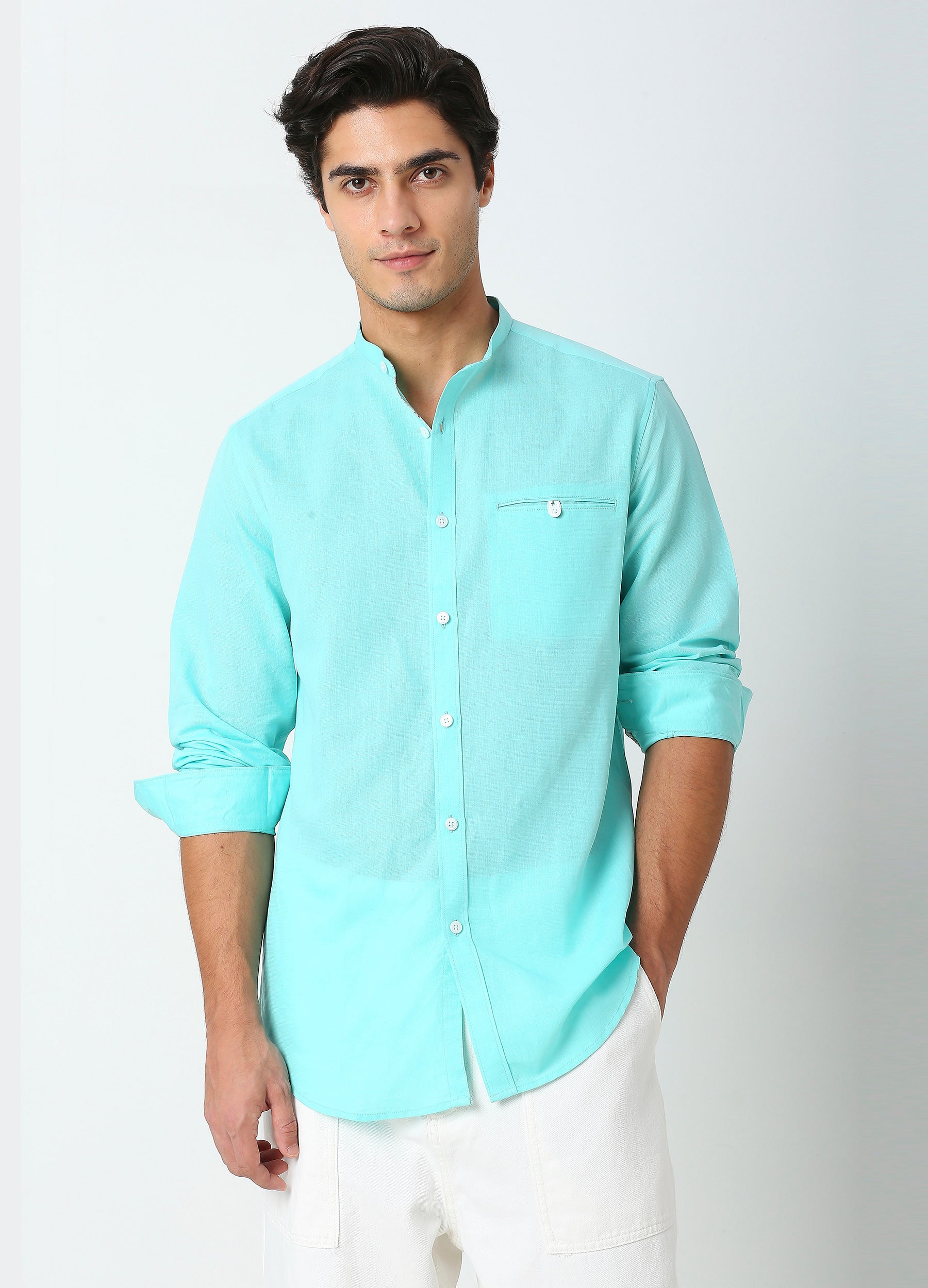 Band Collar Linen Blend Solid Shirt - Aqua Blue