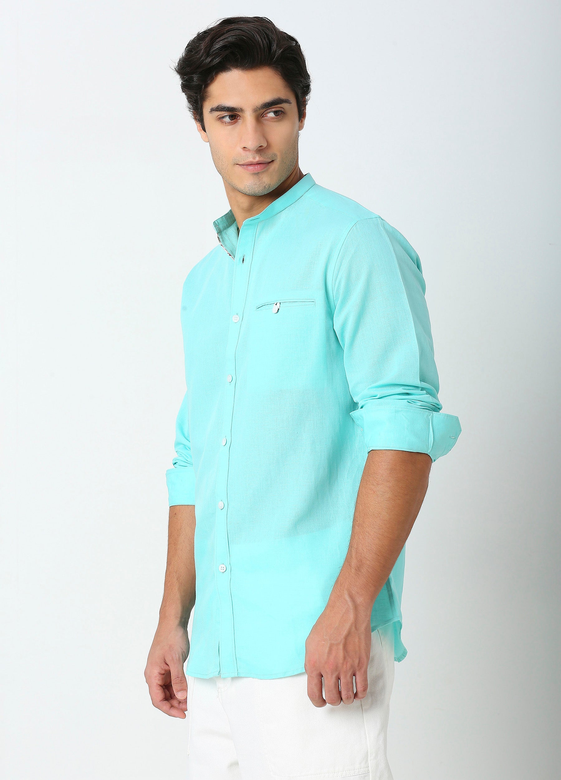 Band Collar Linen Blend Solid Shirt - Aqua Blue
