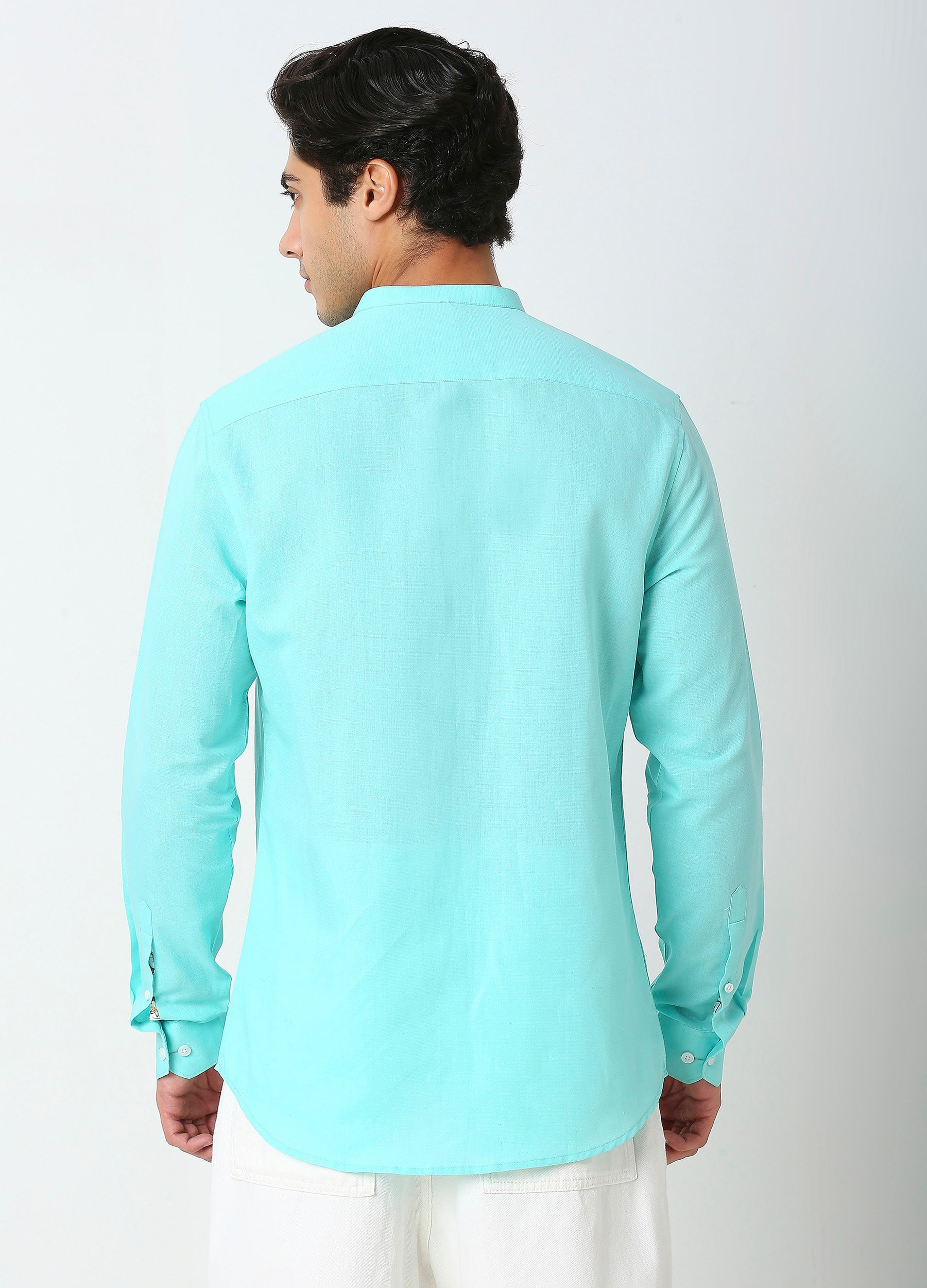 Band Collar Linen Blend Solid Shirt - Aqua Blue