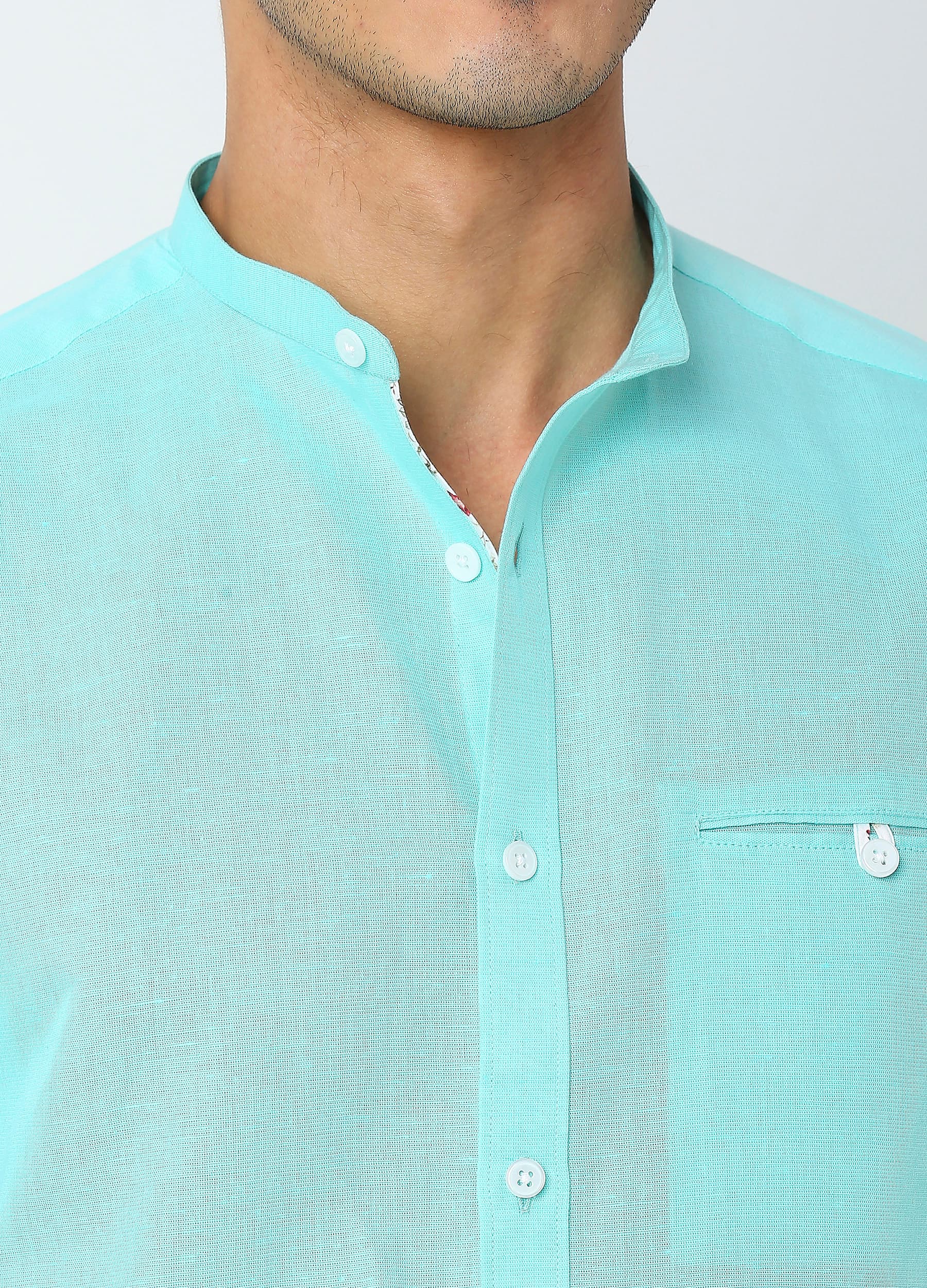 Band Collar Linen Blend Solid Shirt - Aqua Blue