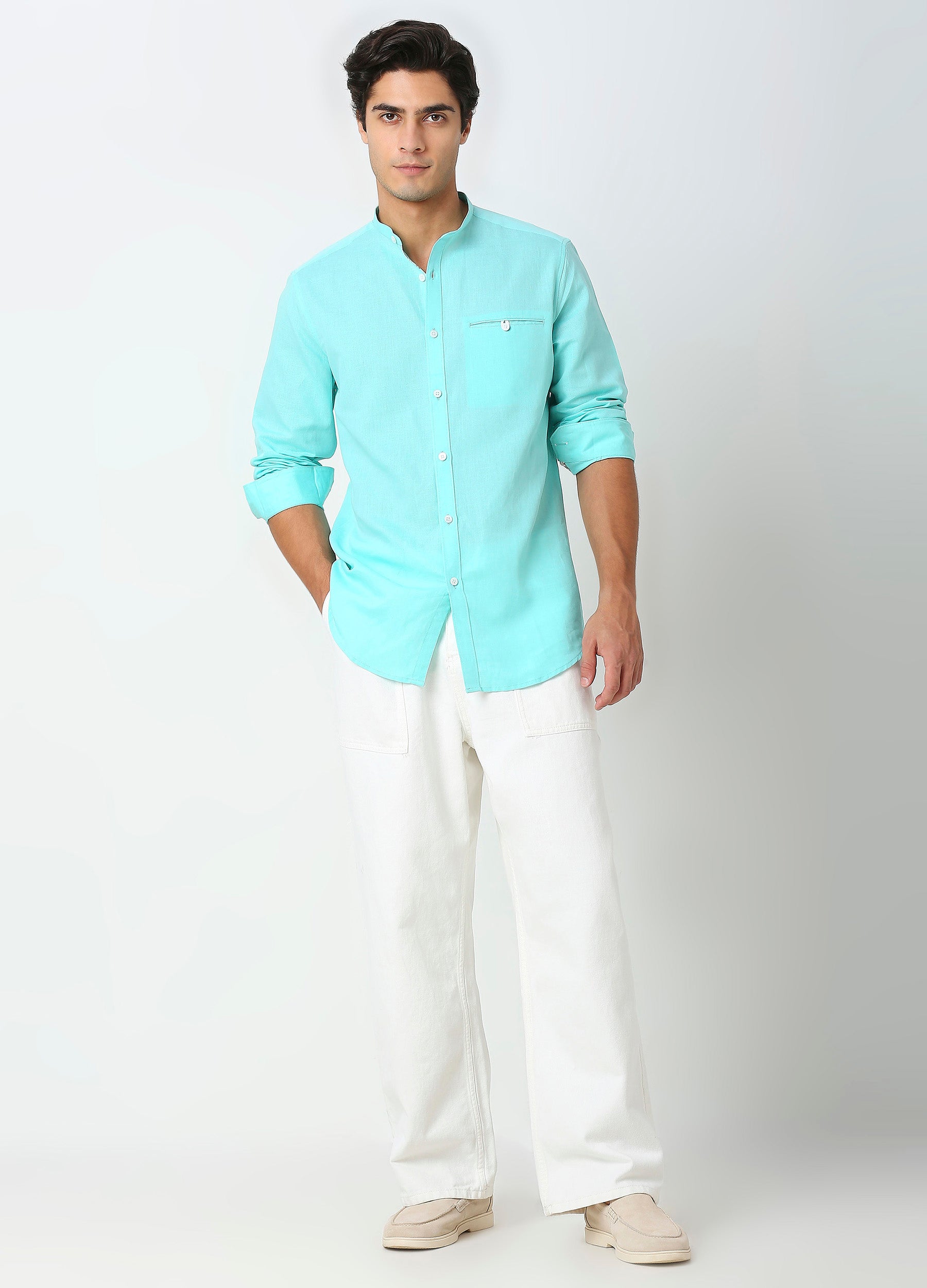Band Collar Linen Blend Solid Shirt - Aqua Blue