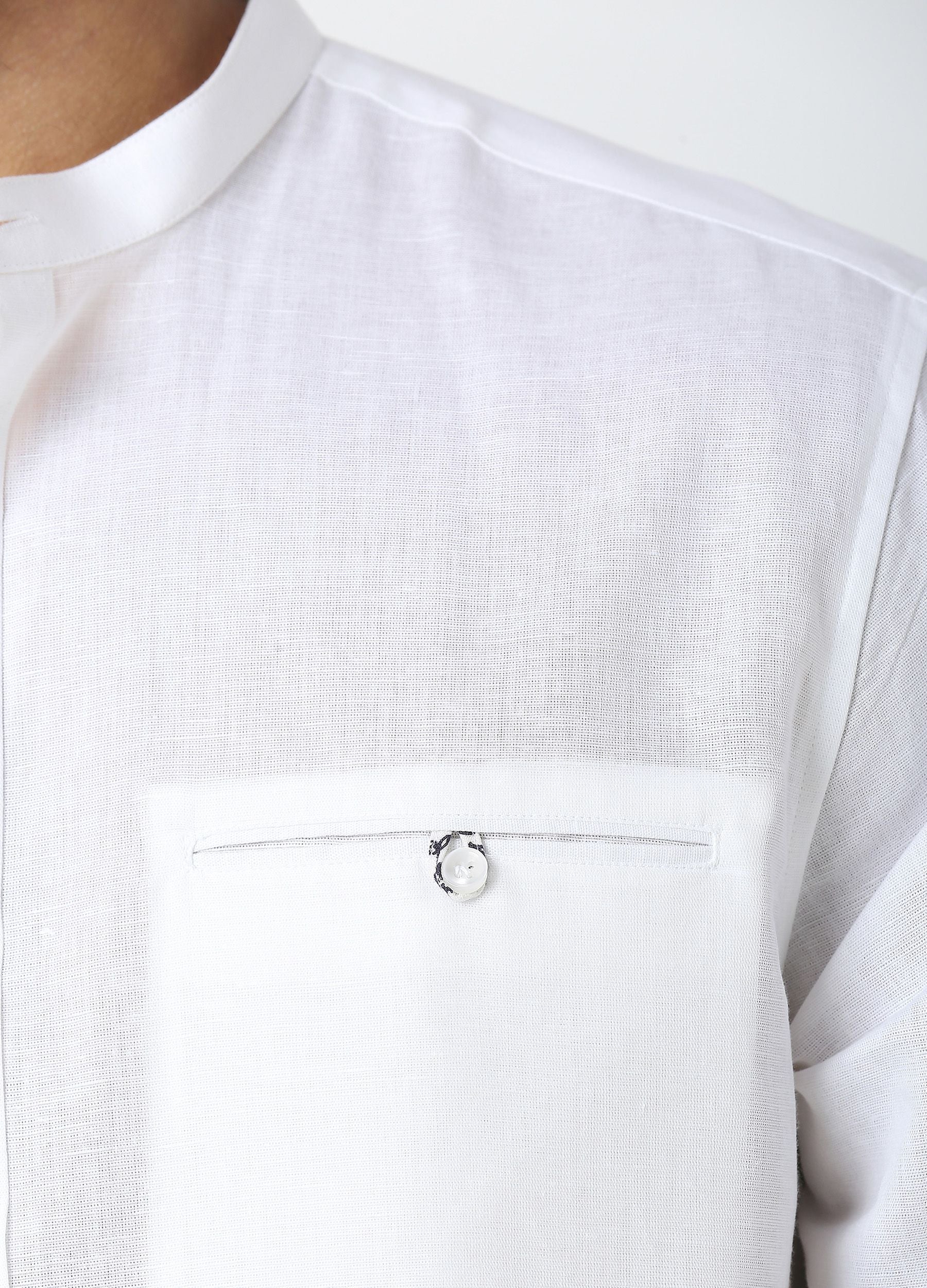 Band Collar Linen Blend Solid Shirt - White