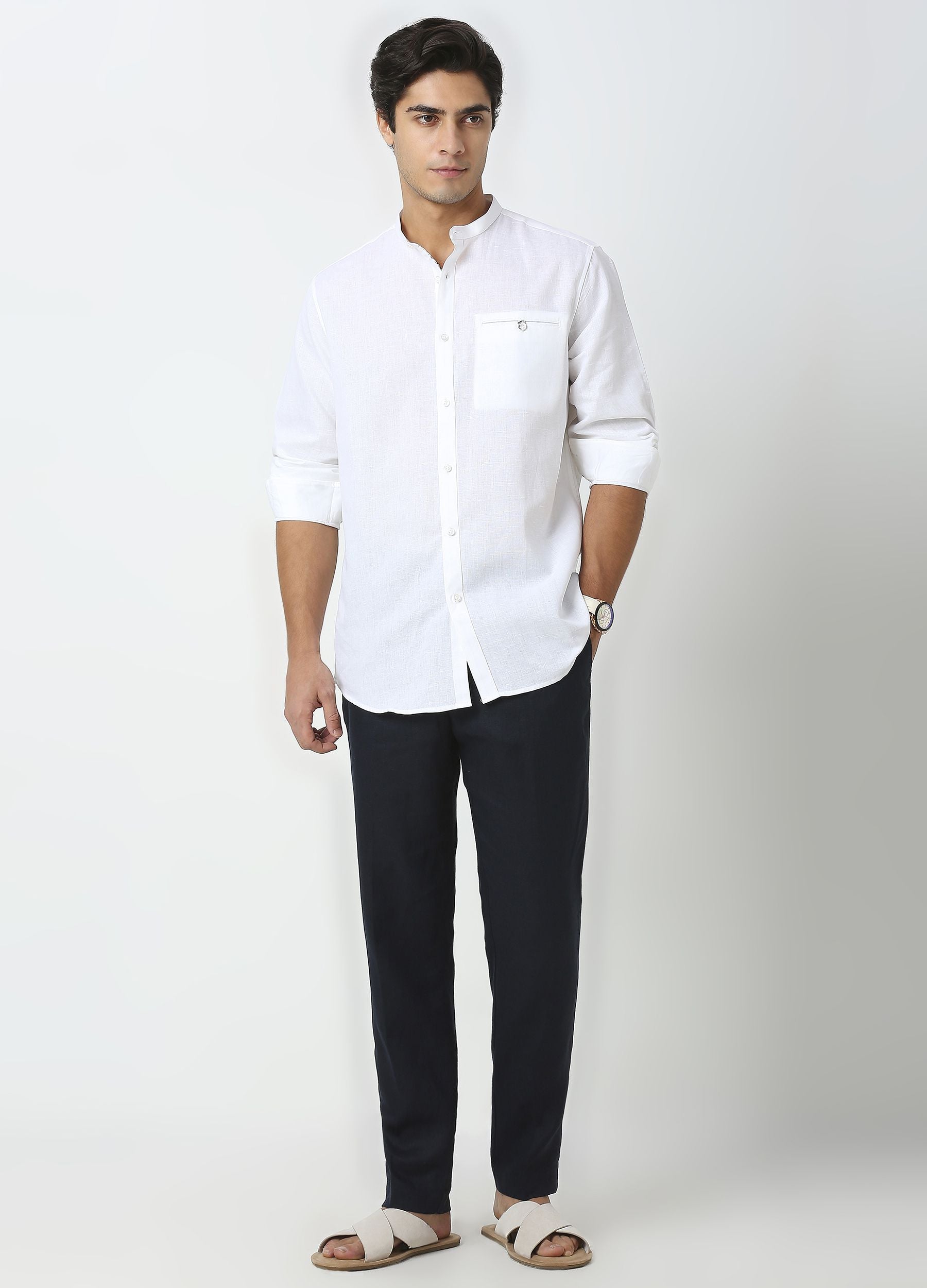 Band Collar Linen Blend Solid Shirt - White