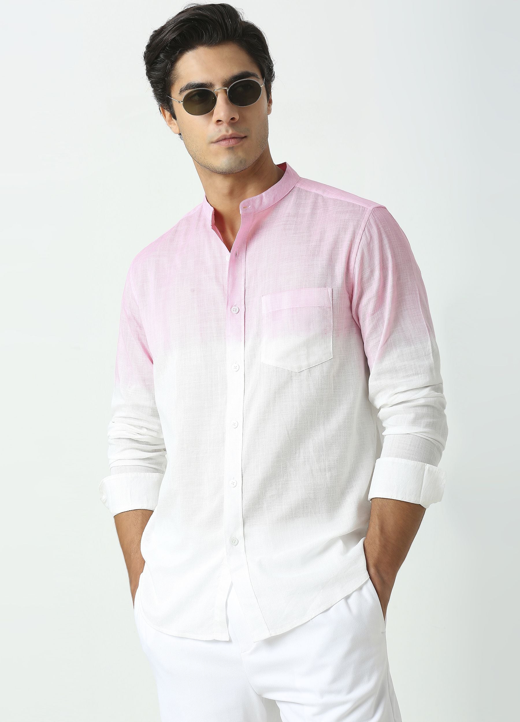 Tie Dye Chinese Collar Shirt-Baby Pink