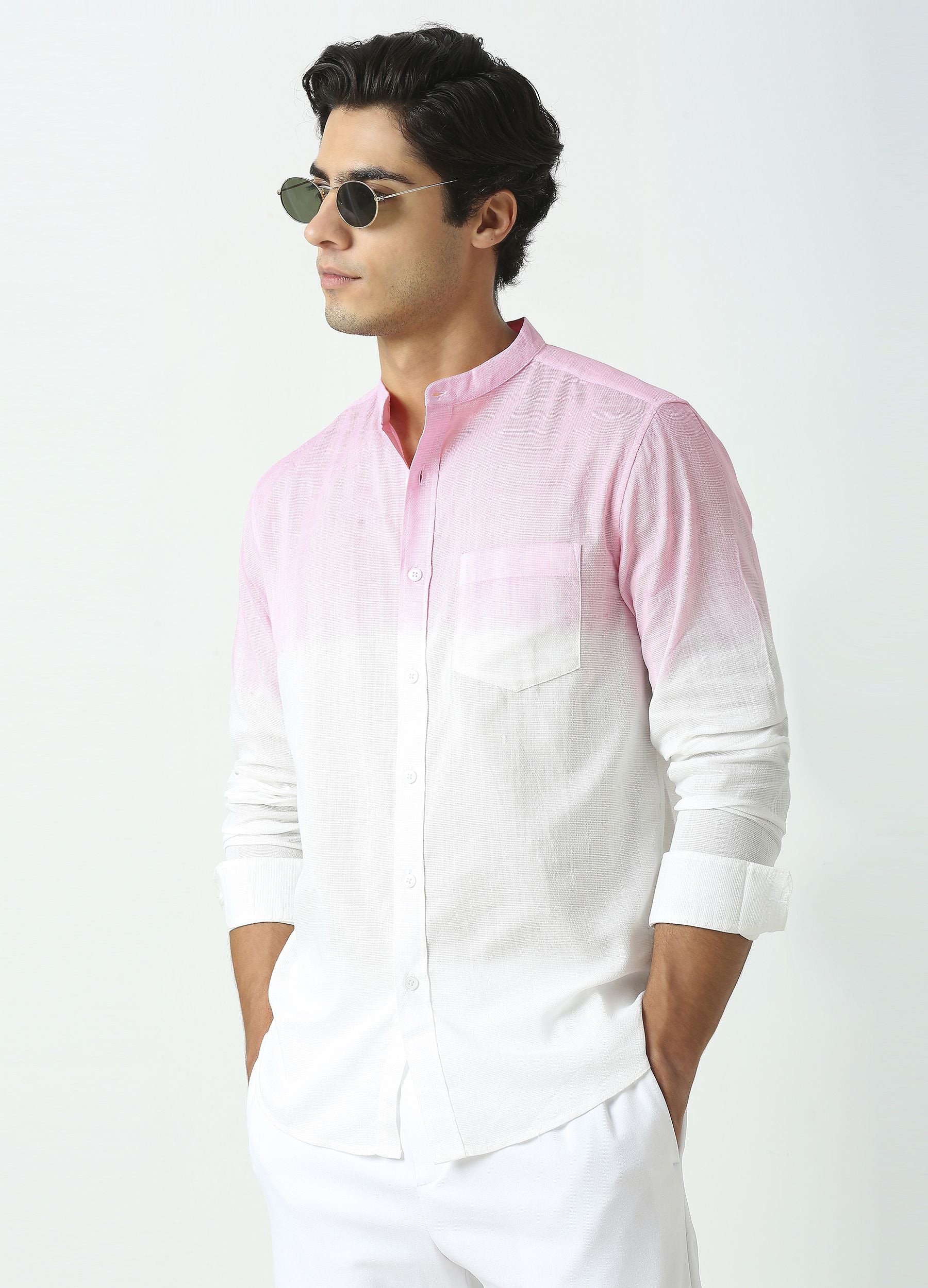 Tie Dye Chinese Collar Shirt-Baby Pink