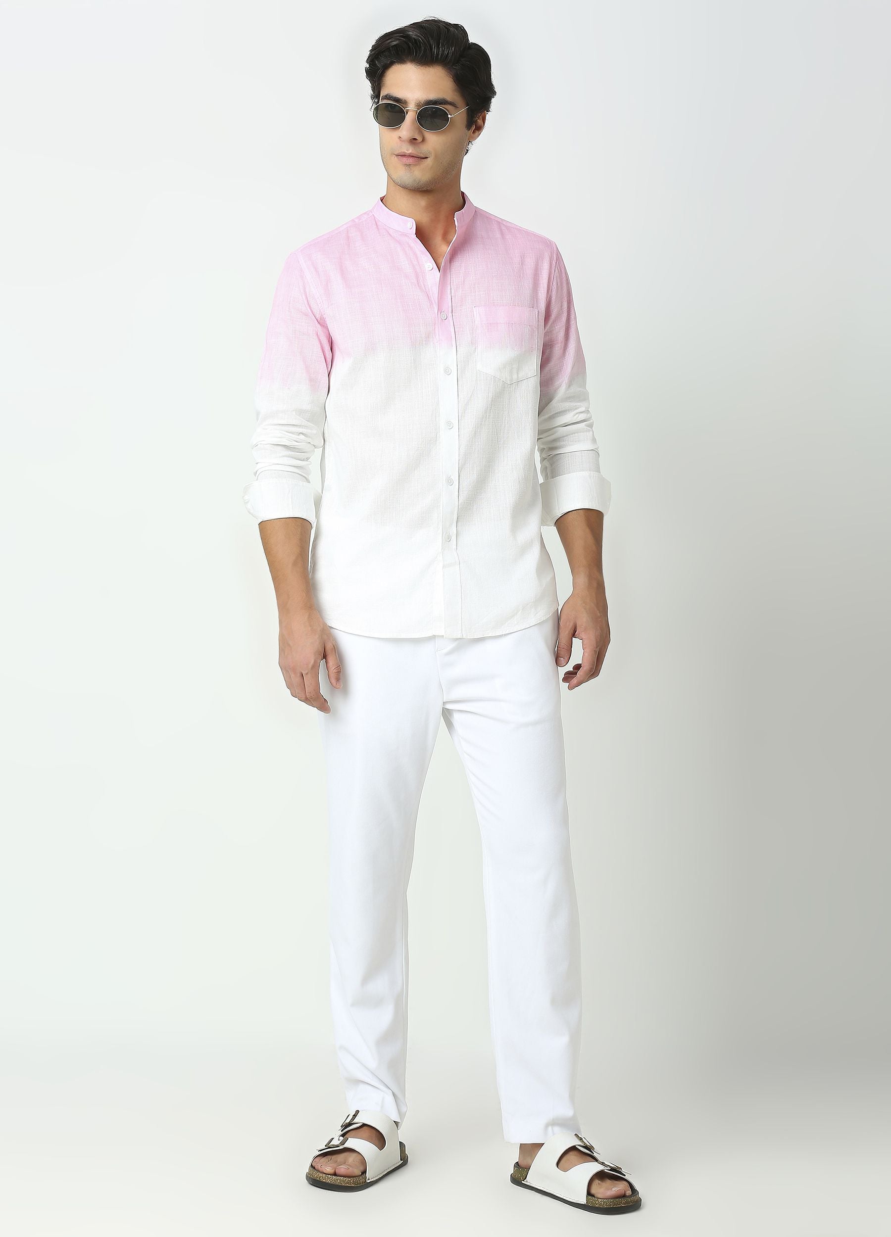 Tie Dye Chinese Collar Shirt-Baby Pink