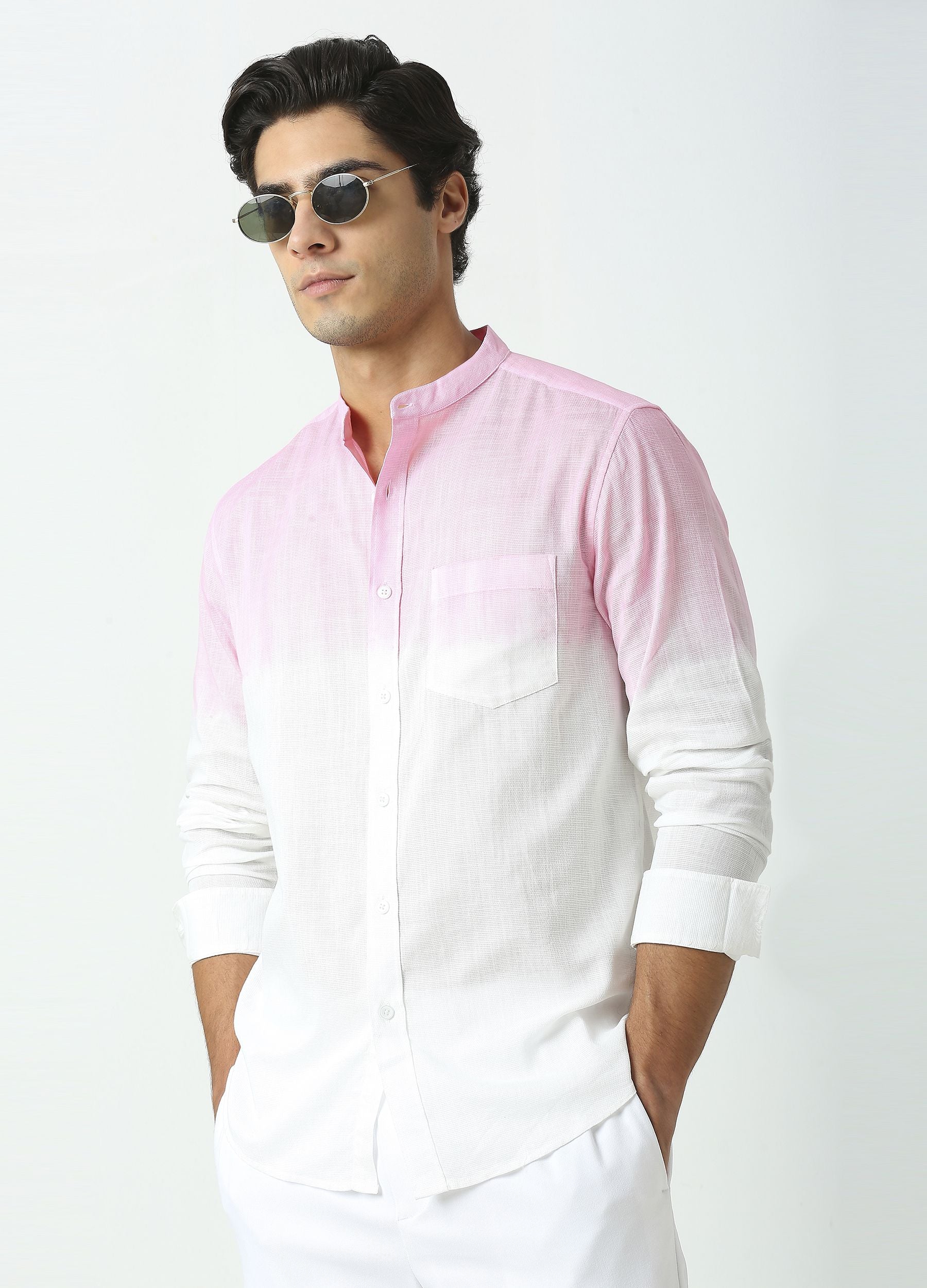 Tie Dye Chinese Collar Shirt-Baby Pink
