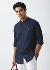 Band Collar Linen Blend Solid Shirt - Navy Blue