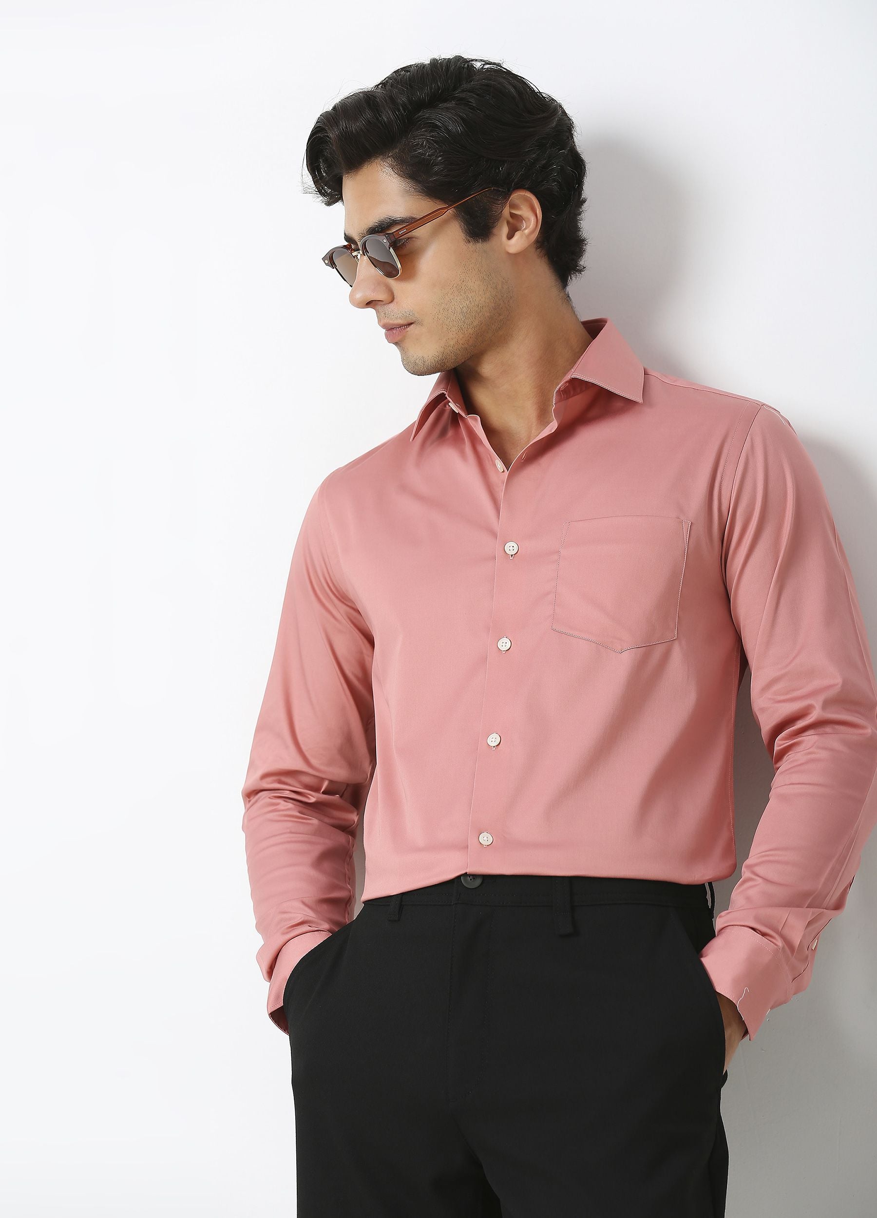 Straight Point Collar Fine Satin Stretch Shirt Coral