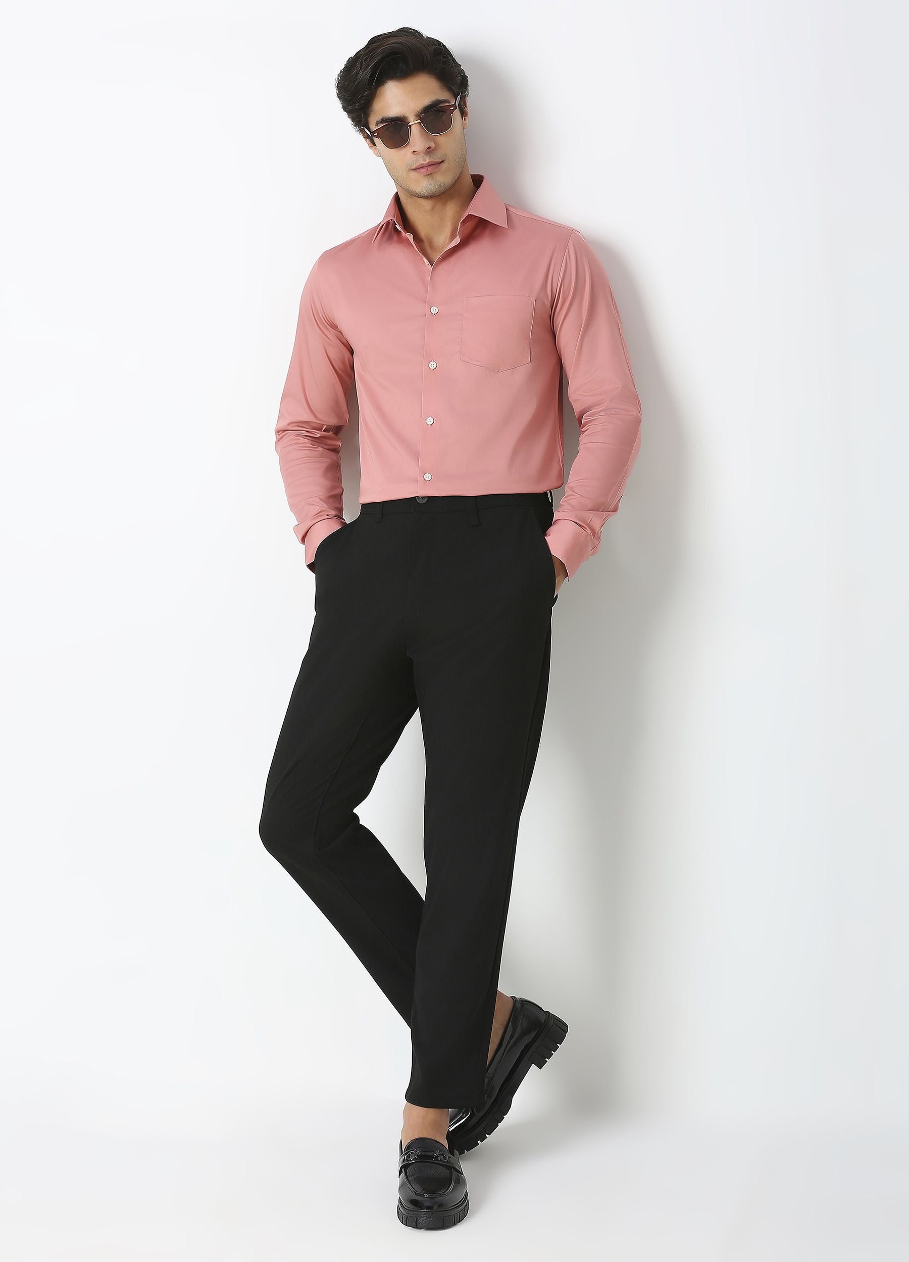 Straight Point Collar Fine Satin Stretch Shirt Coral