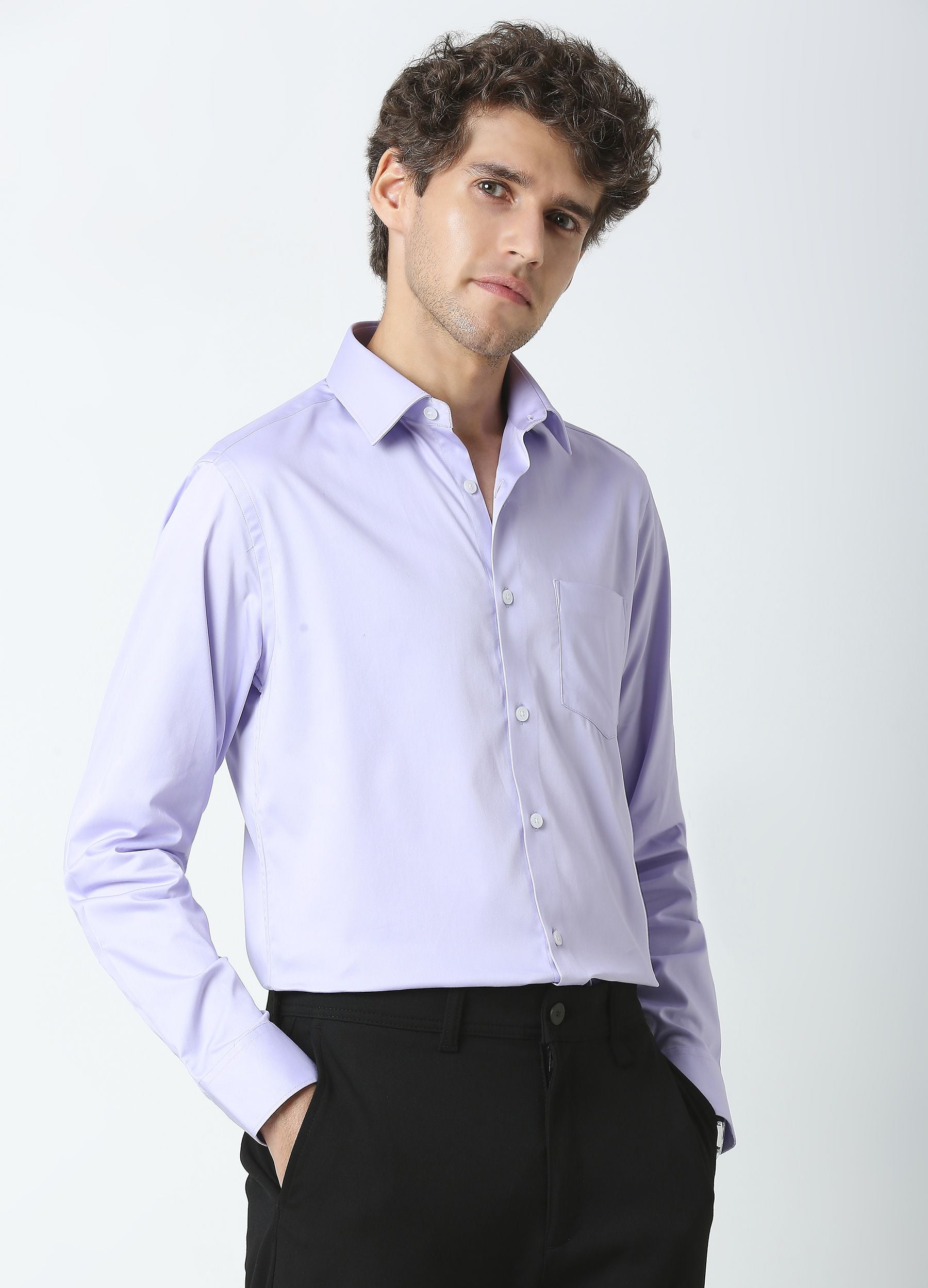 Straight Point Collar Fine Satin Stretch Shirt Lavender