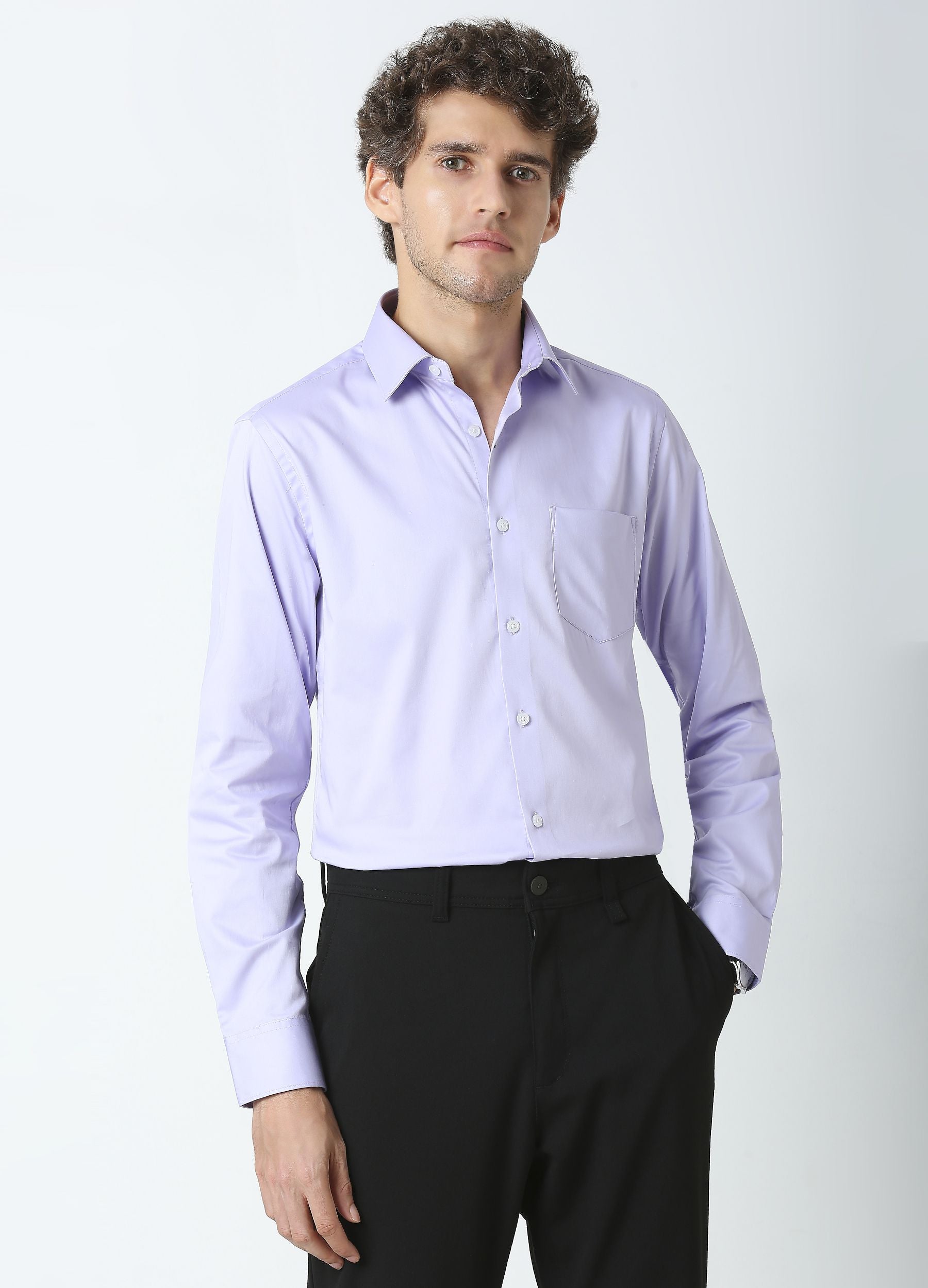 Straight Point Collar Fine Satin Stretch Shirt Lavender