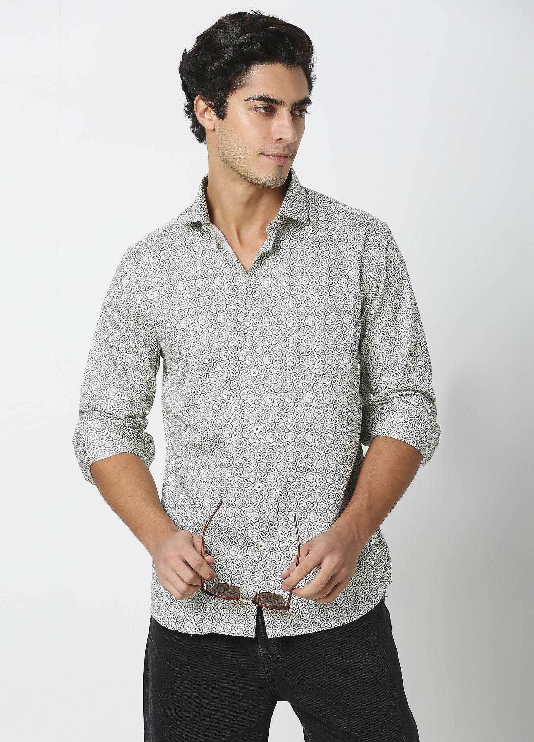 Coral: Satin Print Shirt - Eggshell White