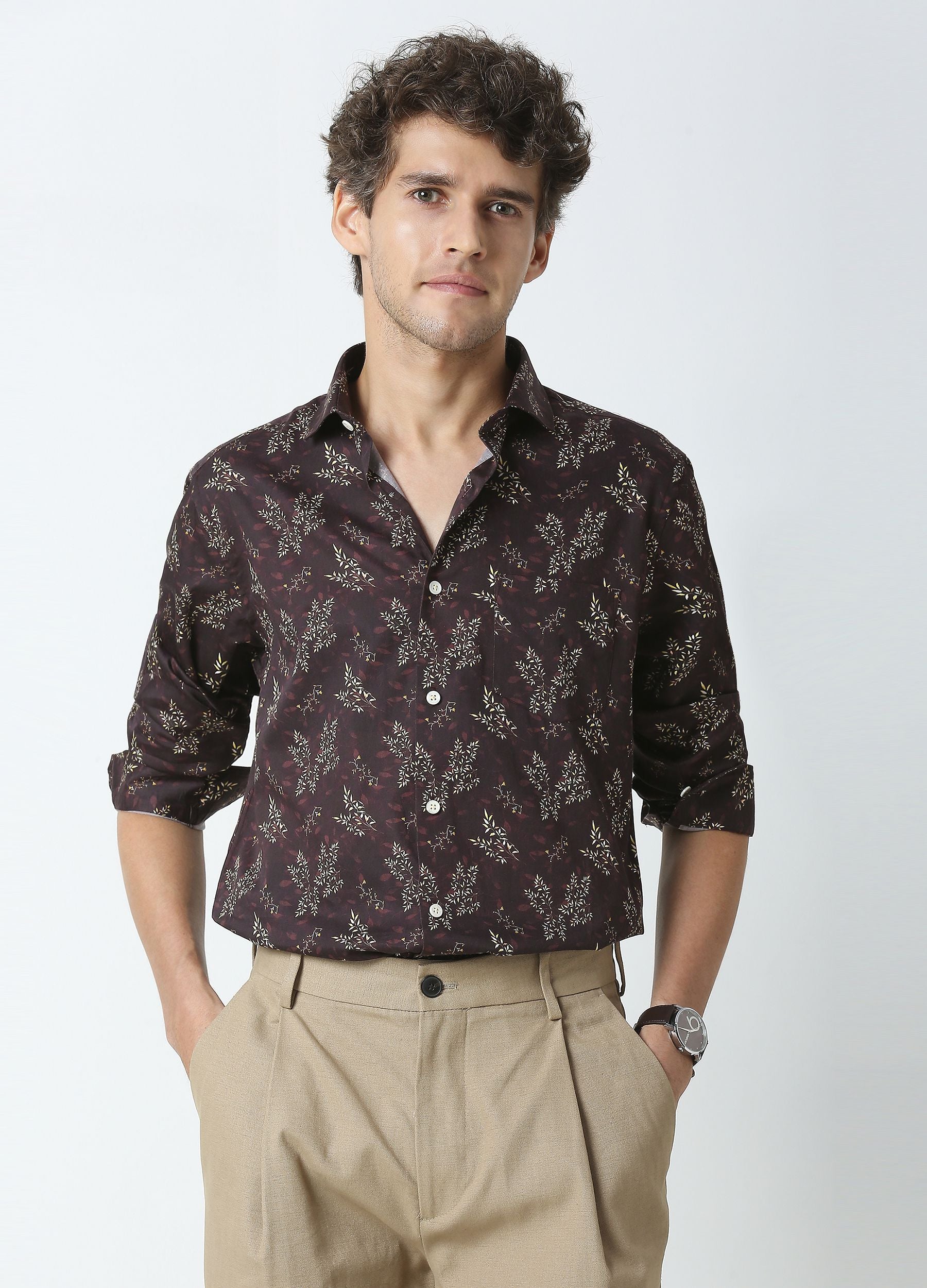 Fresia: Satin Print Shirt - Deep Coffee
