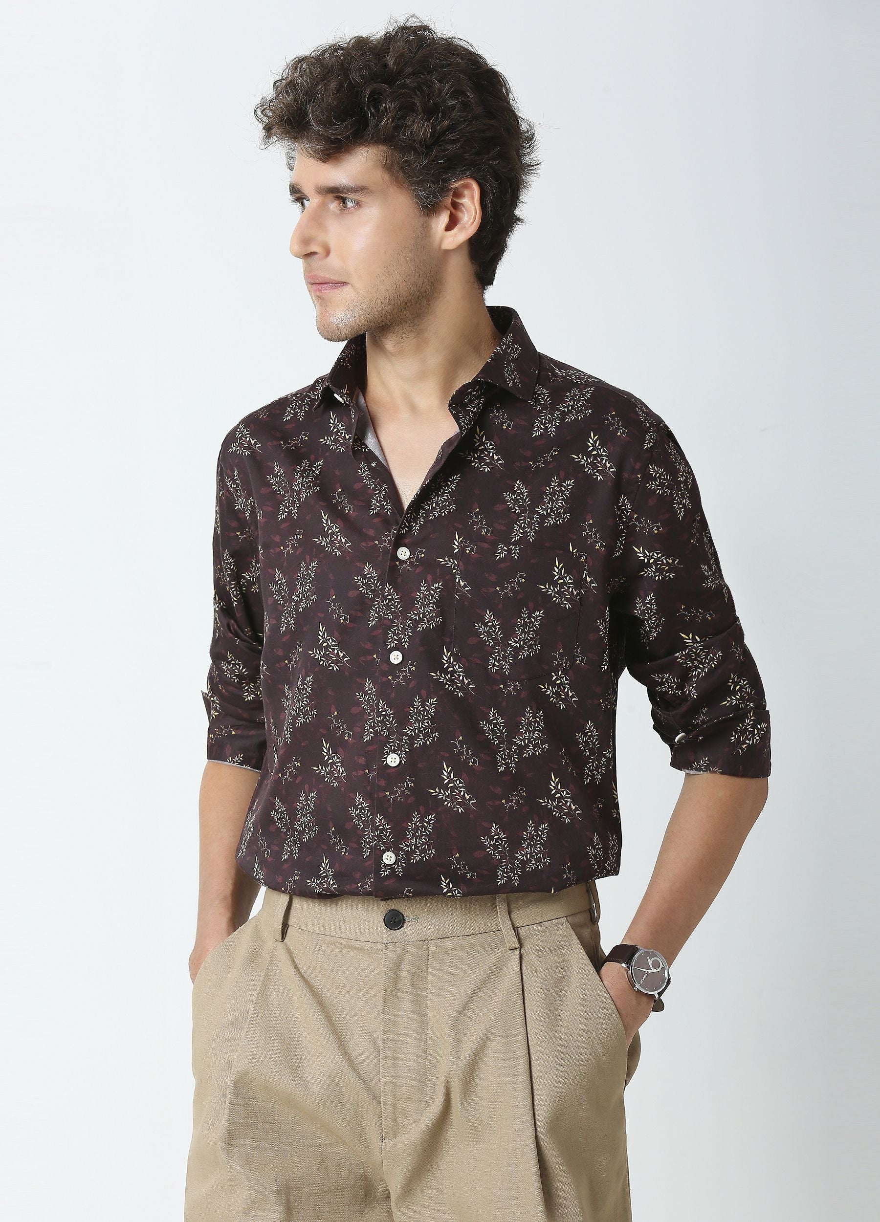 Fresia: Satin Print Shirt - Deep Coffee