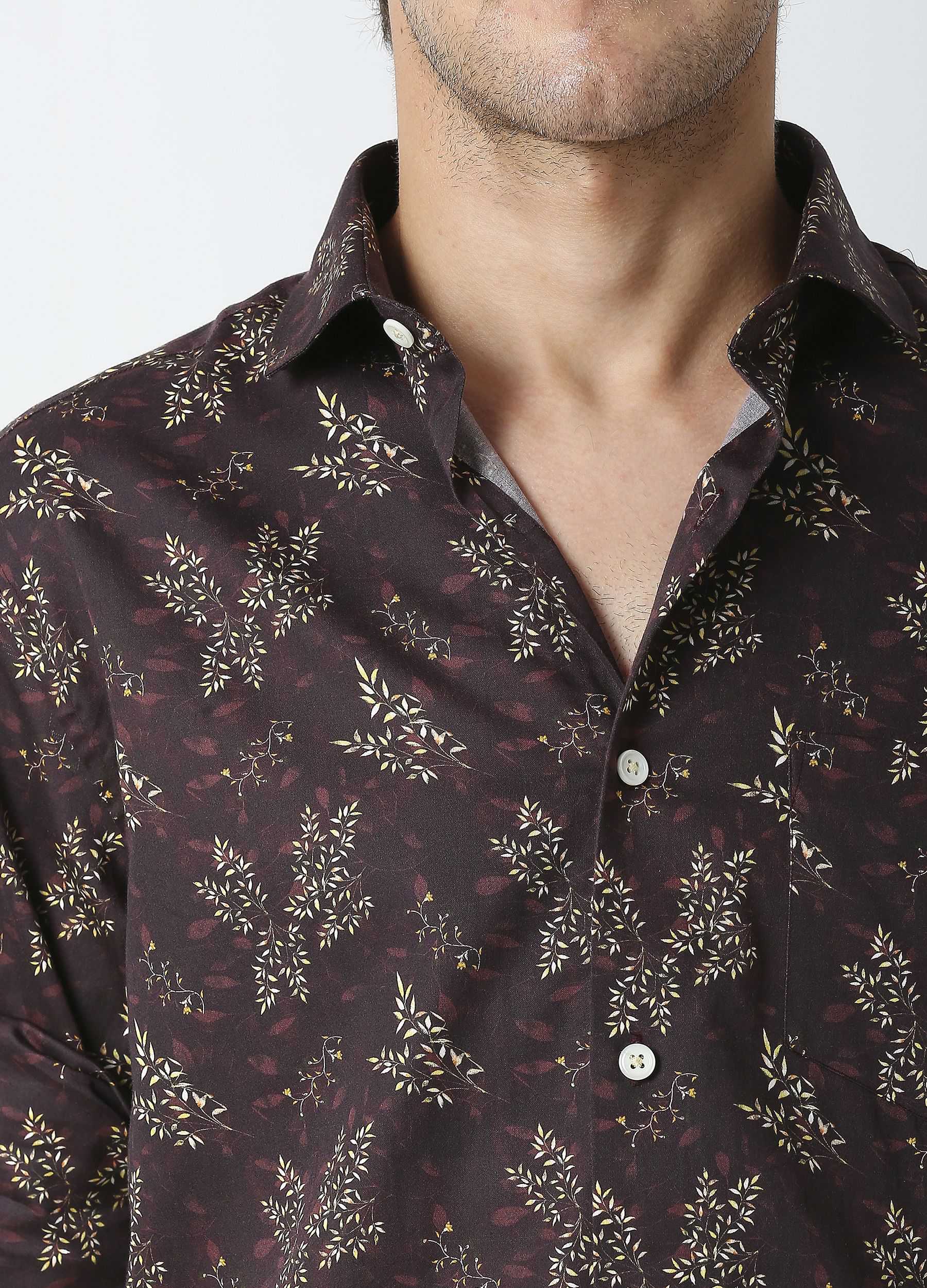 Fresia: Satin Print Shirt - Deep Coffee