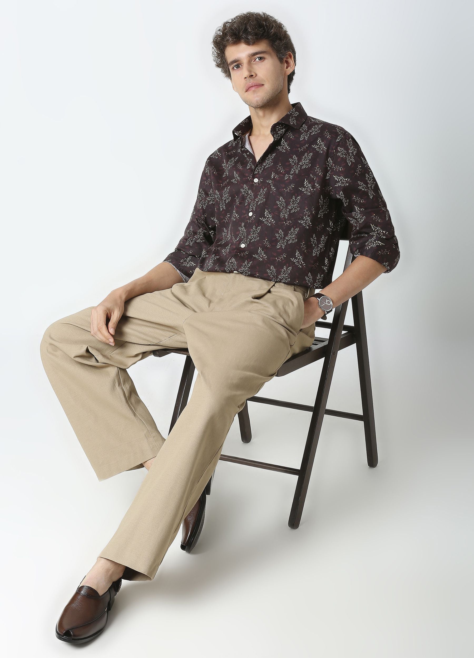 Fresia: Satin Print Shirt - Deep Coffee