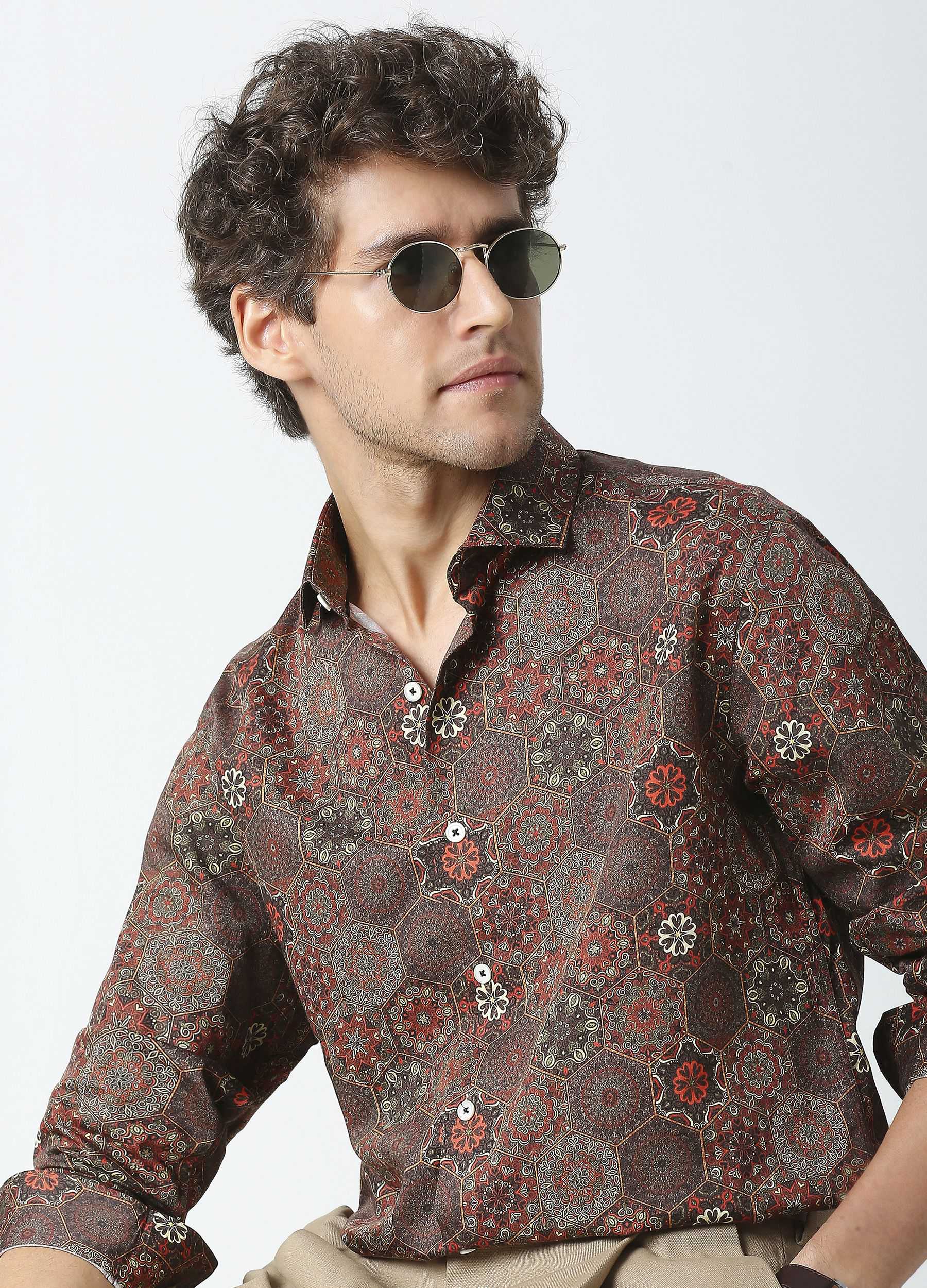 Hexa: Satin Damask Print Shirt - Cedar Brown