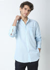 Band Collar Linen Blend Solid Shirt - Sky Blue