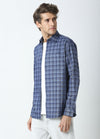 Casual Point Collar Giza Cotton Herringbone Melange Checks Shirt - Cobalt Blue